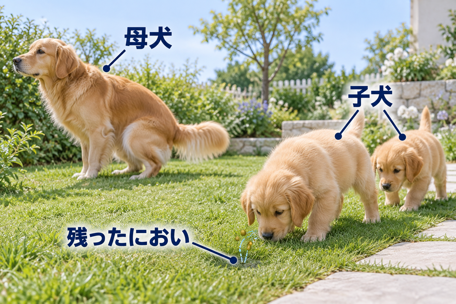 排尿する姿勢の母犬と、草に残ったにおいを嗅ぐ子犬たち。においを確かめる行動のイメージ。