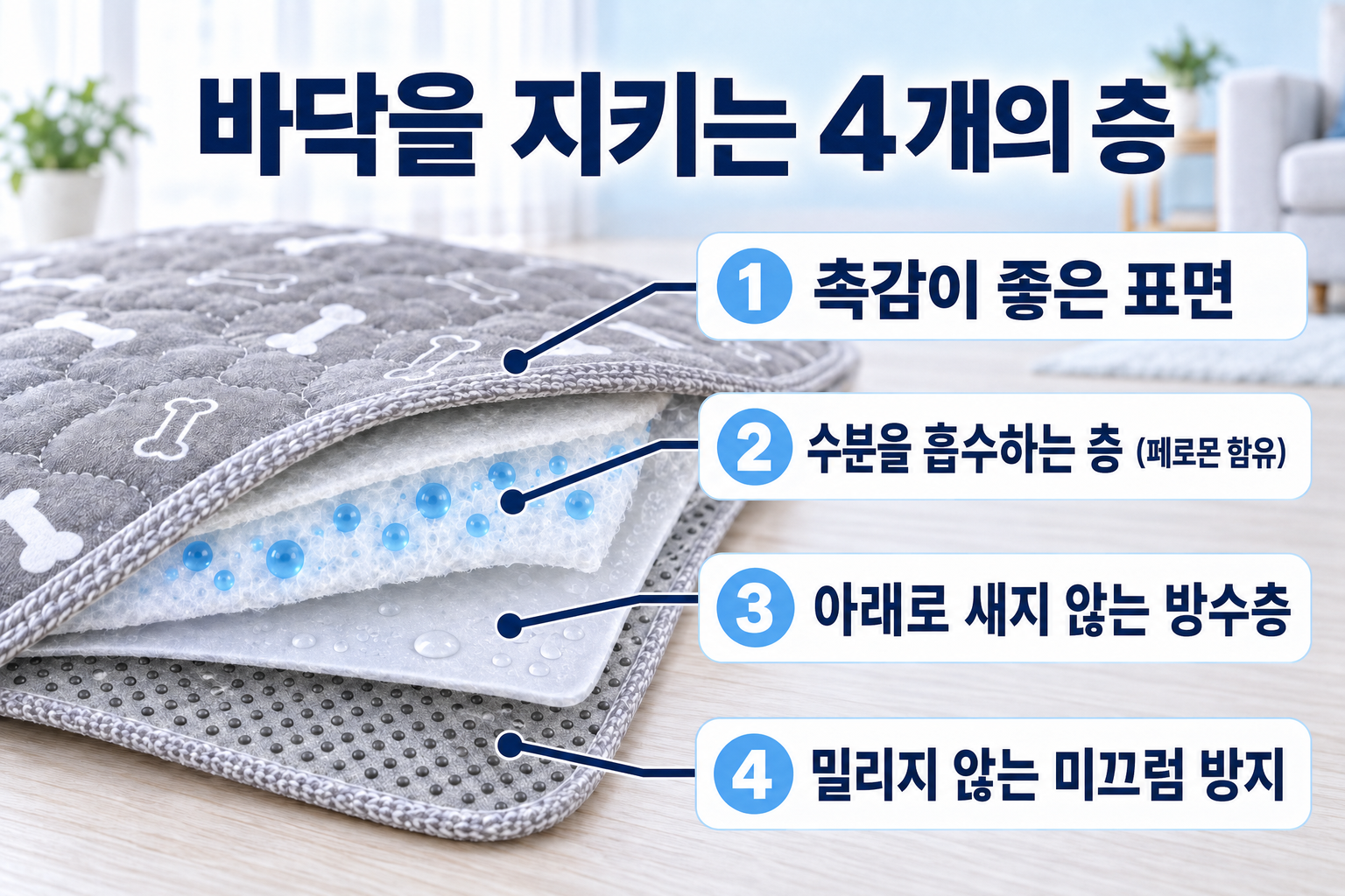 바닥을 지키는 4개의 층. 촉감 좋은 표면, 수분을 흡수하는 층(페로몬 함유), 아래로 새지 않는 방수층, 밀리지 않는 미끄럼 방지.