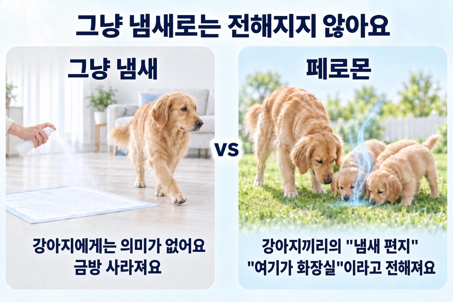 그냥 냄새로는 전해지지 않아요. 그냥 냄새는 강아지에게 의미가 없고 금방 사라져요. 페로몬은 강아지끼리 주고받는 냄새 편지로, 여기가 화장실이라고 전해 줘요.