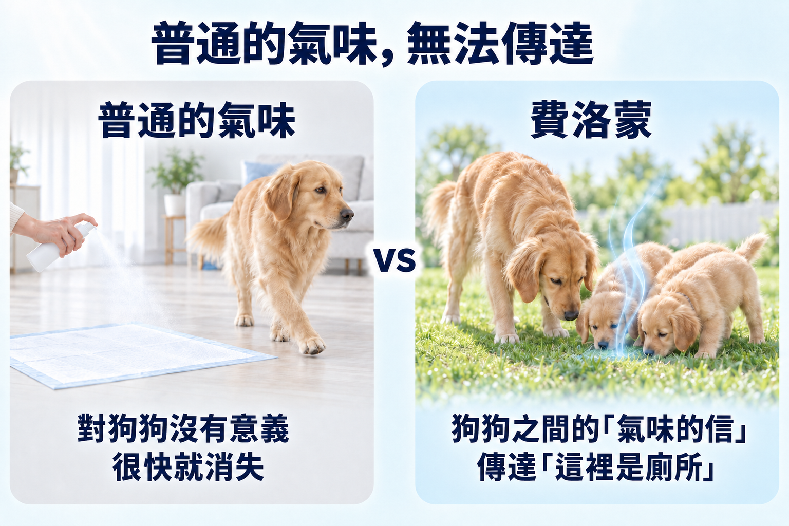 普通的氣味無法傳達。普通的氣味對狗狗沒有意義,而且很快就消失。費洛蒙是狗狗之間用氣味寫的信,能傳達這裡是廁所。