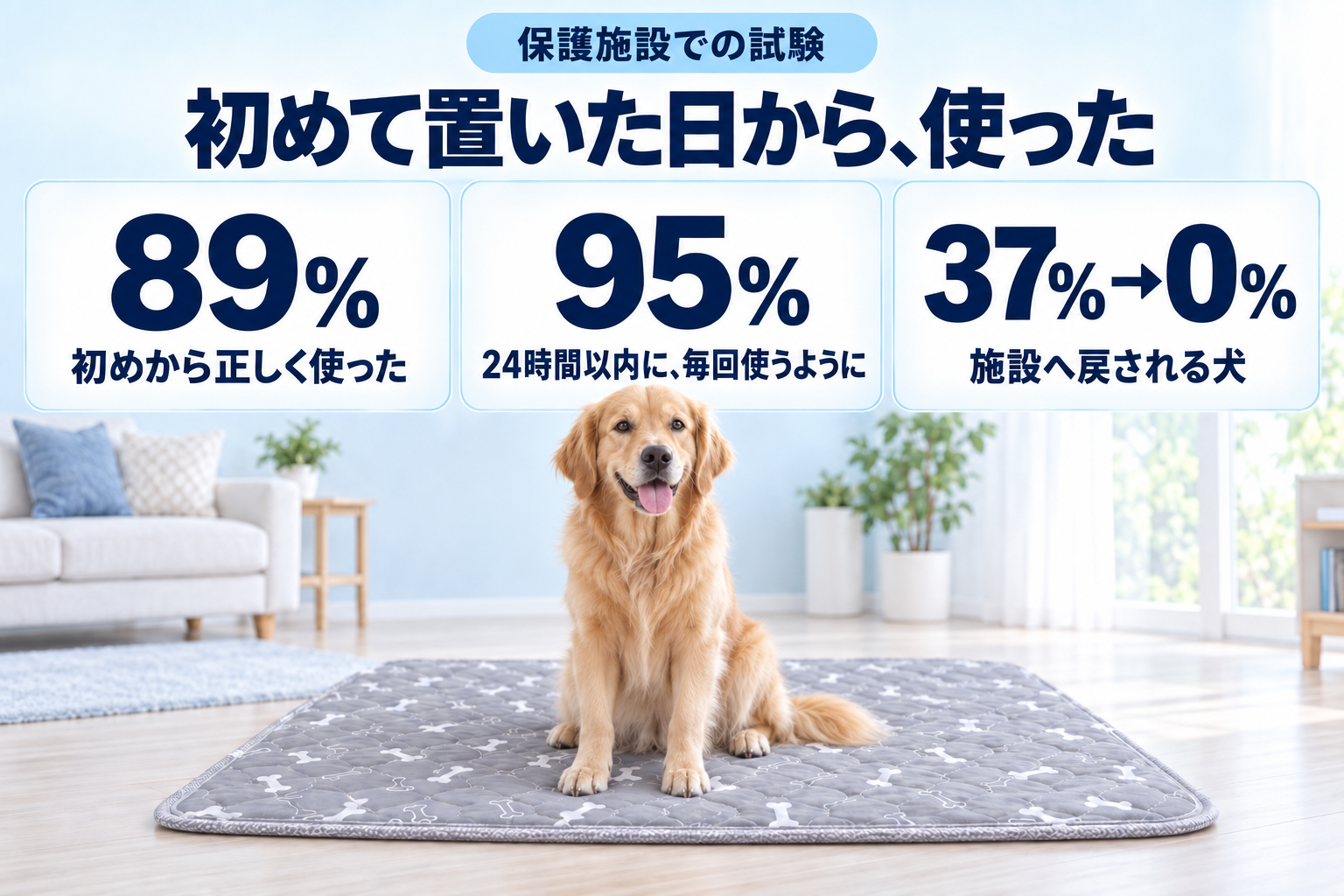保護施設での試験。初めから正しく使った89%、24時間以内に毎回使うように95%、施設へ戻される犬37%から0%。