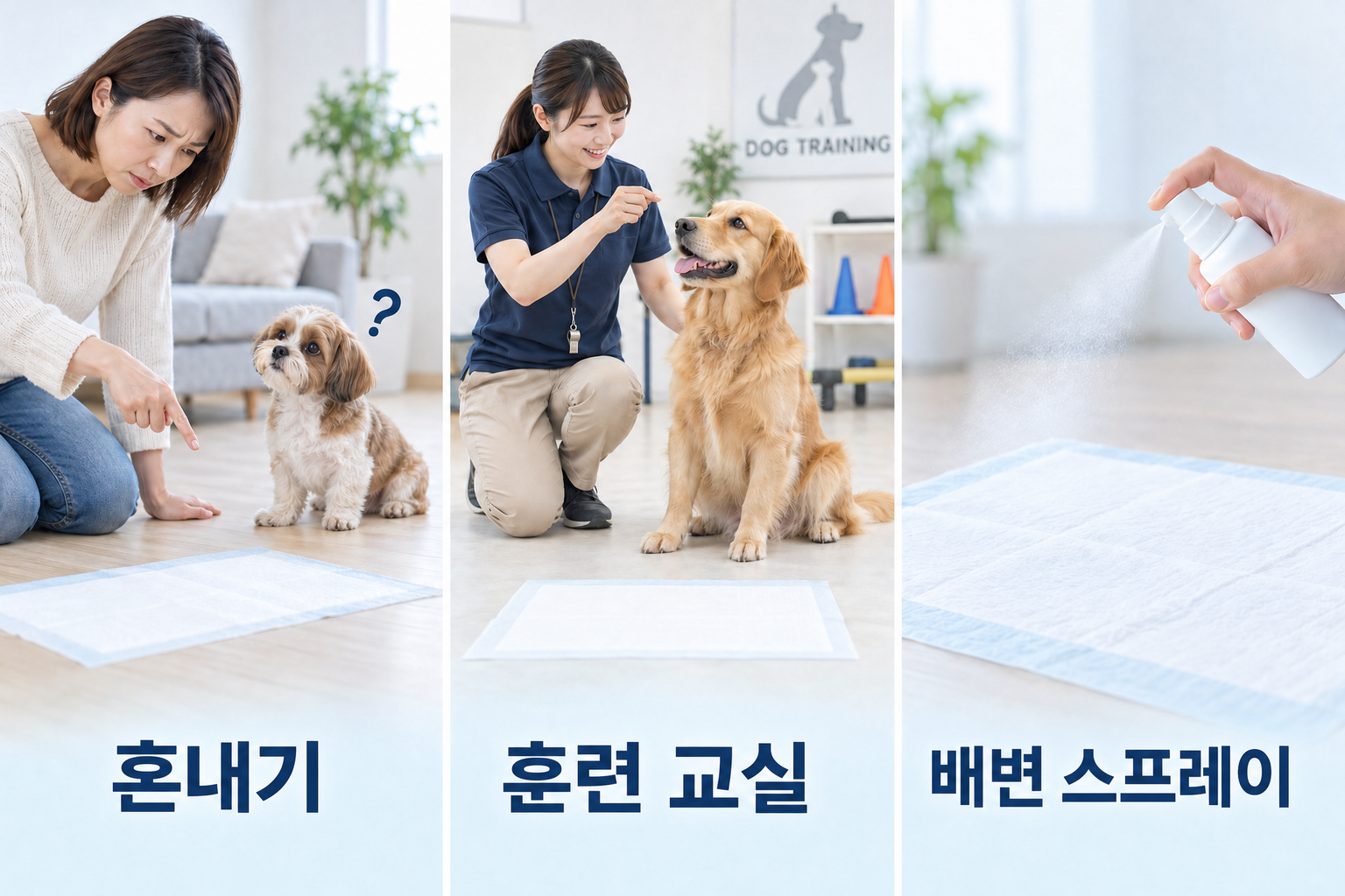 실수를 혼내기, 훈련소에서 배우기, 배변 훈련 스프레이 쓰기. 보호자가 시도하는 세 가지 방법.