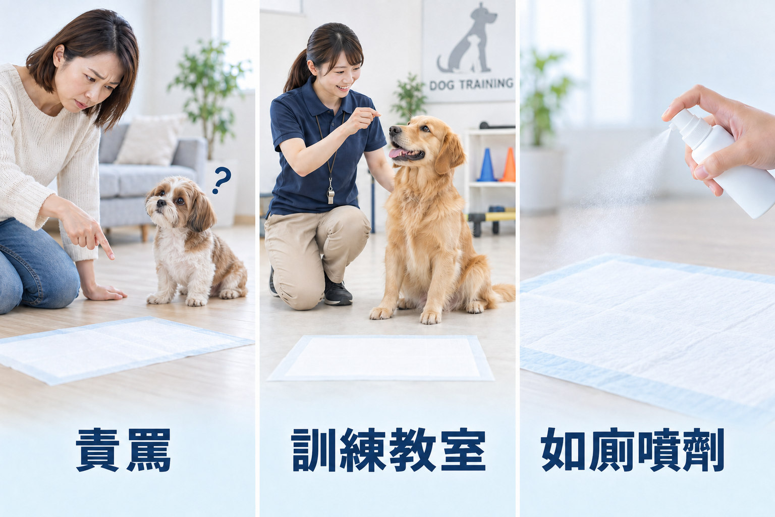責罵失誤、到訓練教室學習、使用定點訓練噴劑。飼主會嘗試的三種方法。