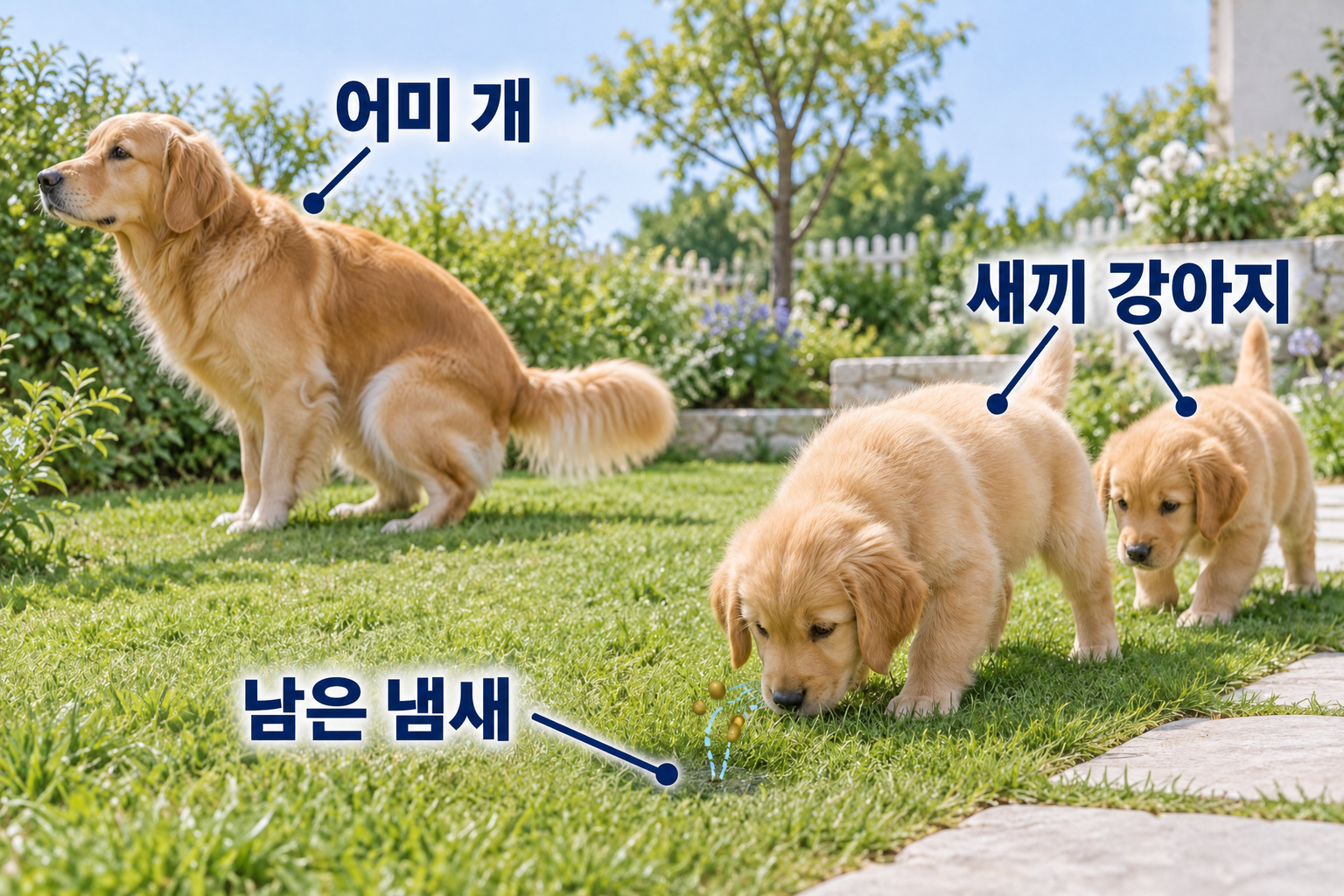 소변을 보는 자세의 어미 개와, 풀에 남은 냄새를 맡는 어린 강아지들. 냄새를 확인하는 행동의 이미지.