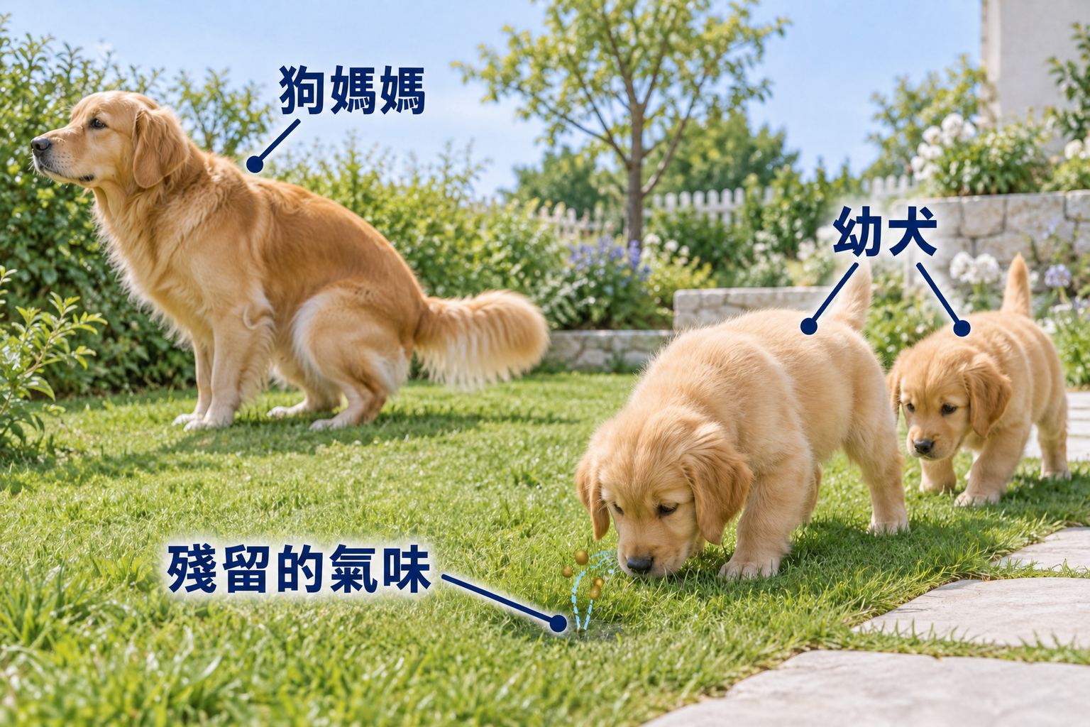 呈排尿姿勢的母犬,以及嗅聞草地上殘留氣味的幼犬們。確認氣味行為的示意圖。