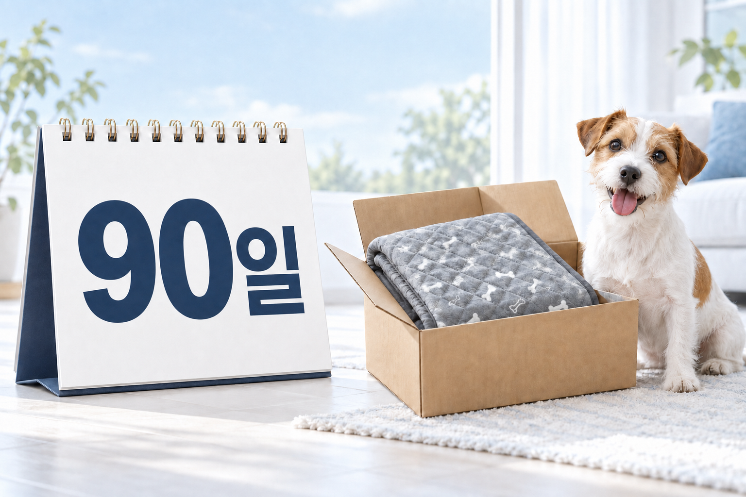 90일 만족 보장. 달력과 원드라이, 반송용 상자.