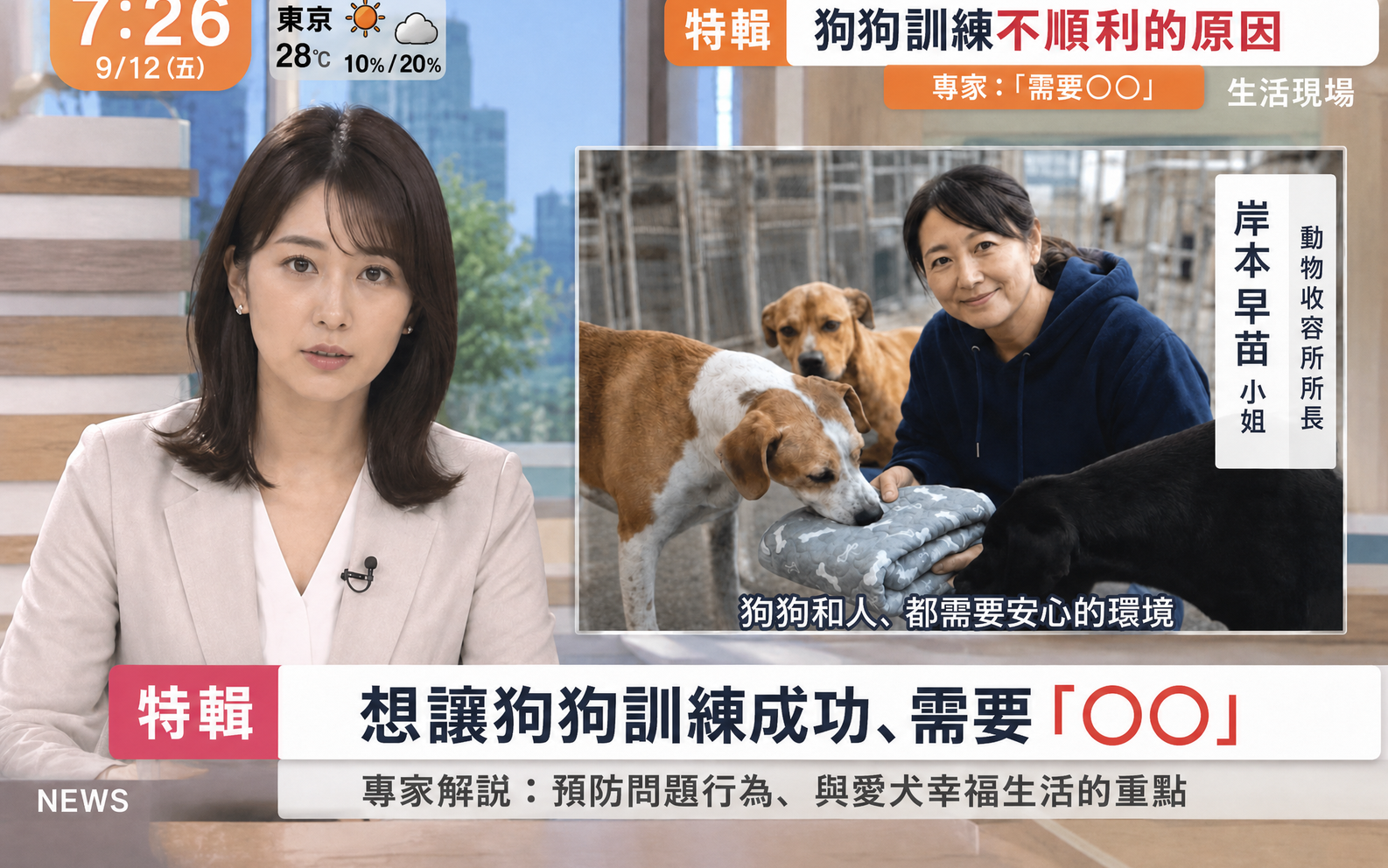 介紹狗狗訓練不順利原因的日本電視專題風格圖片。岸本早苗與收容所的狗狗們。