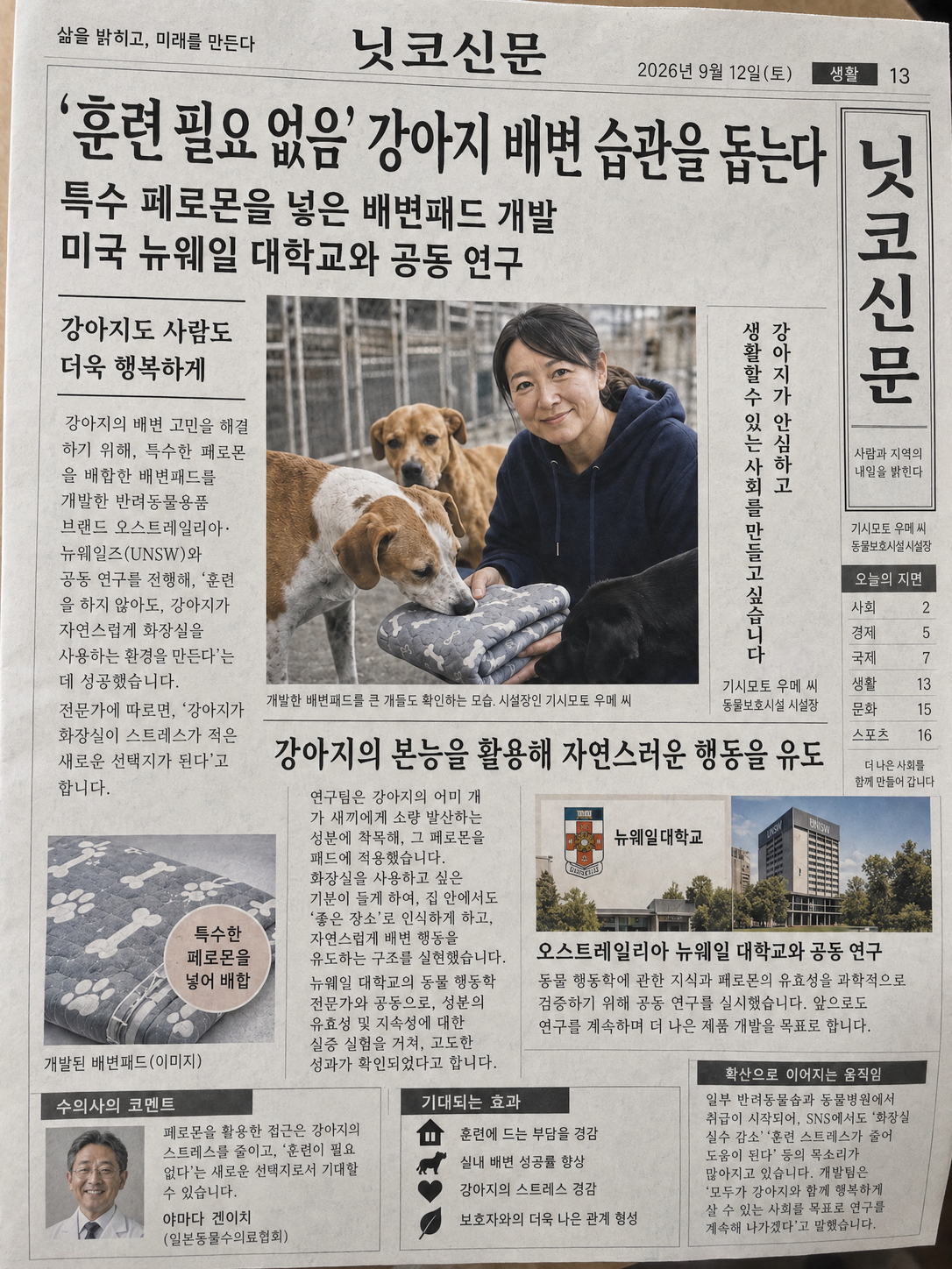 일본 닛코신문의 지면 이미지. 기시모토 사나에 씨와 강아지들, 공동 연구한 배변패드 소개.