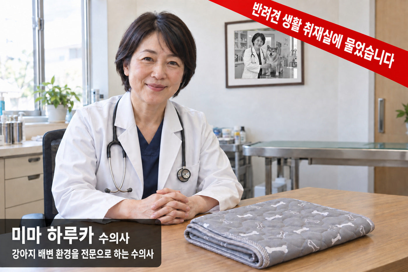 일본의 수의사 미마 하루카. 벽에는 흰 가운을 입은 어머니와 반려견 ‘하나’의 사진