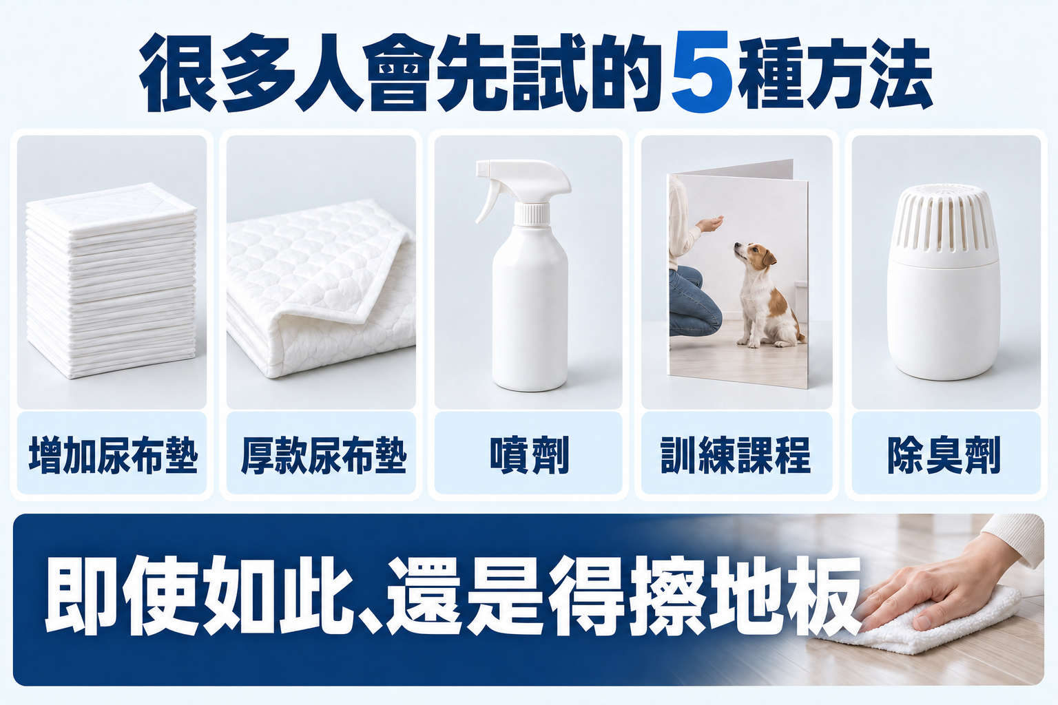 多數人會先嘗試的5件事。多鋪拋棄式尿布墊、加厚的尿布墊、噴劑、訓練教室、除臭劑。即使如此,還是又在擦地板。