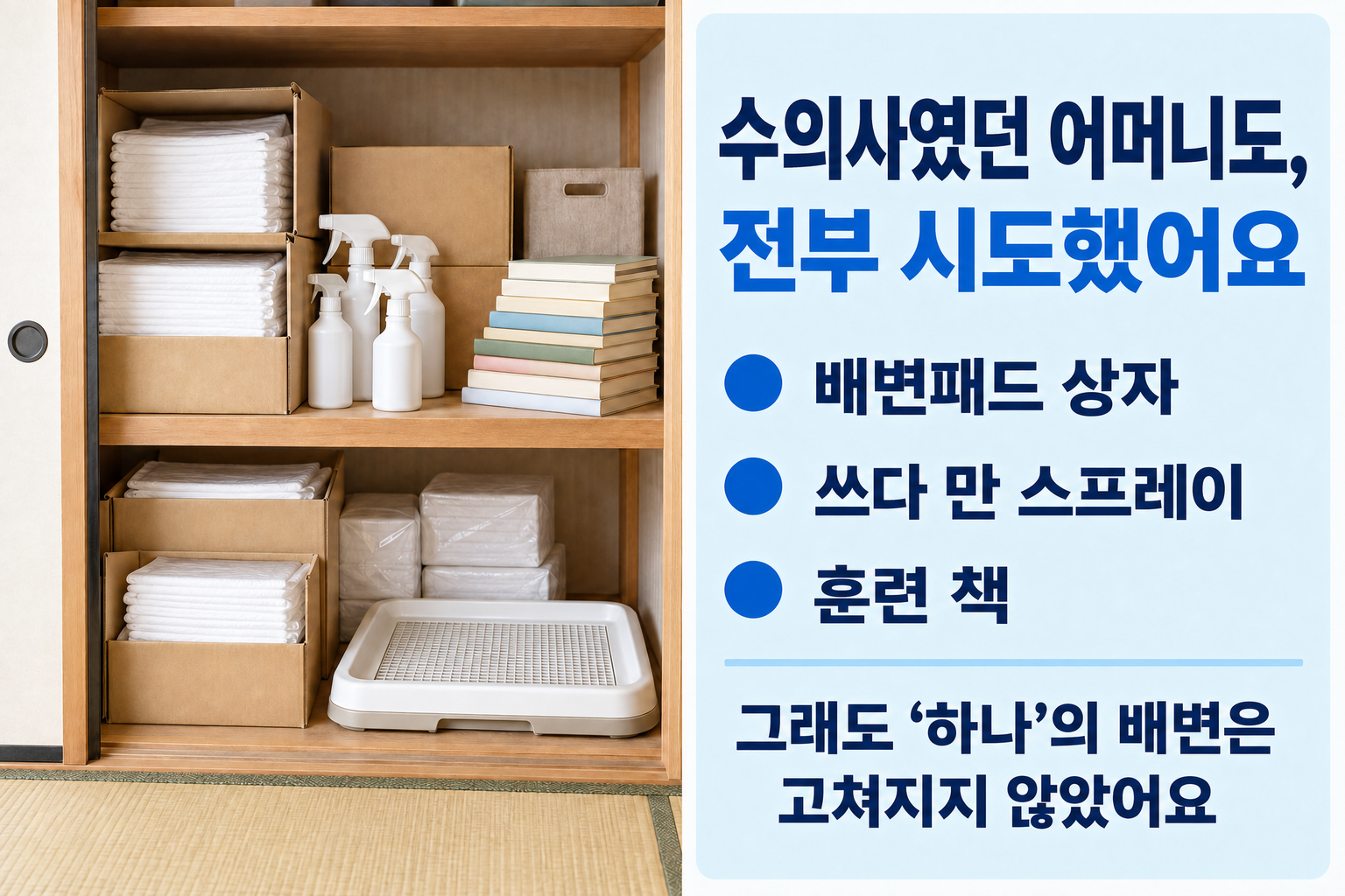 수의사인 어머니도 전부 시도했다. 일회용 배변패드 상자, 쓰다 남은 스프레이, 훈련 책. 그래도 반려견 ‘하나’의 배변은 나아지지 않았다.