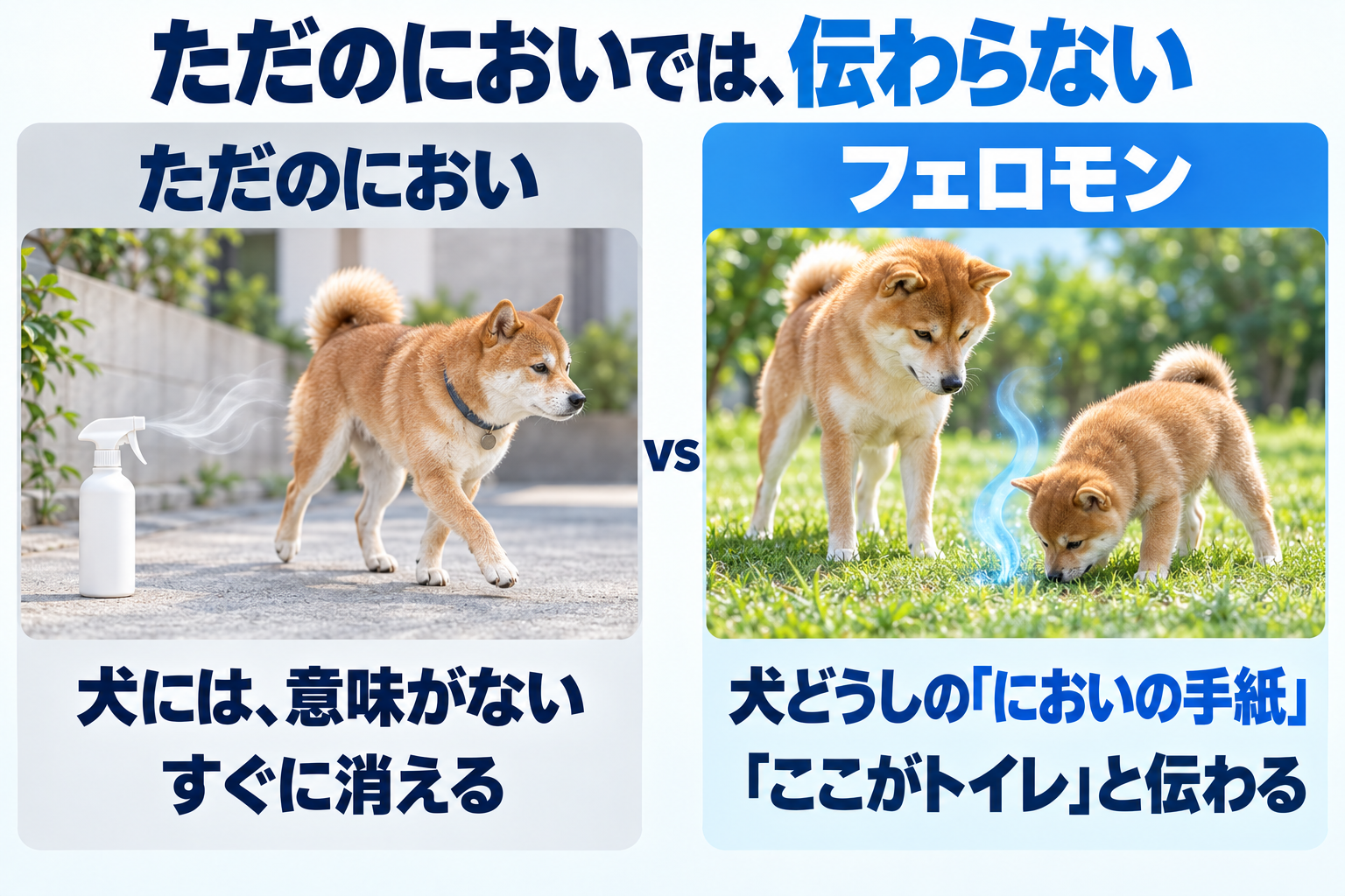 ただのにおいでは伝わらない。ただのにおいは犬には意味がなく、すぐに消える。フェロモンは犬どうしのにおいの手紙で、ここがトイレと伝わる。