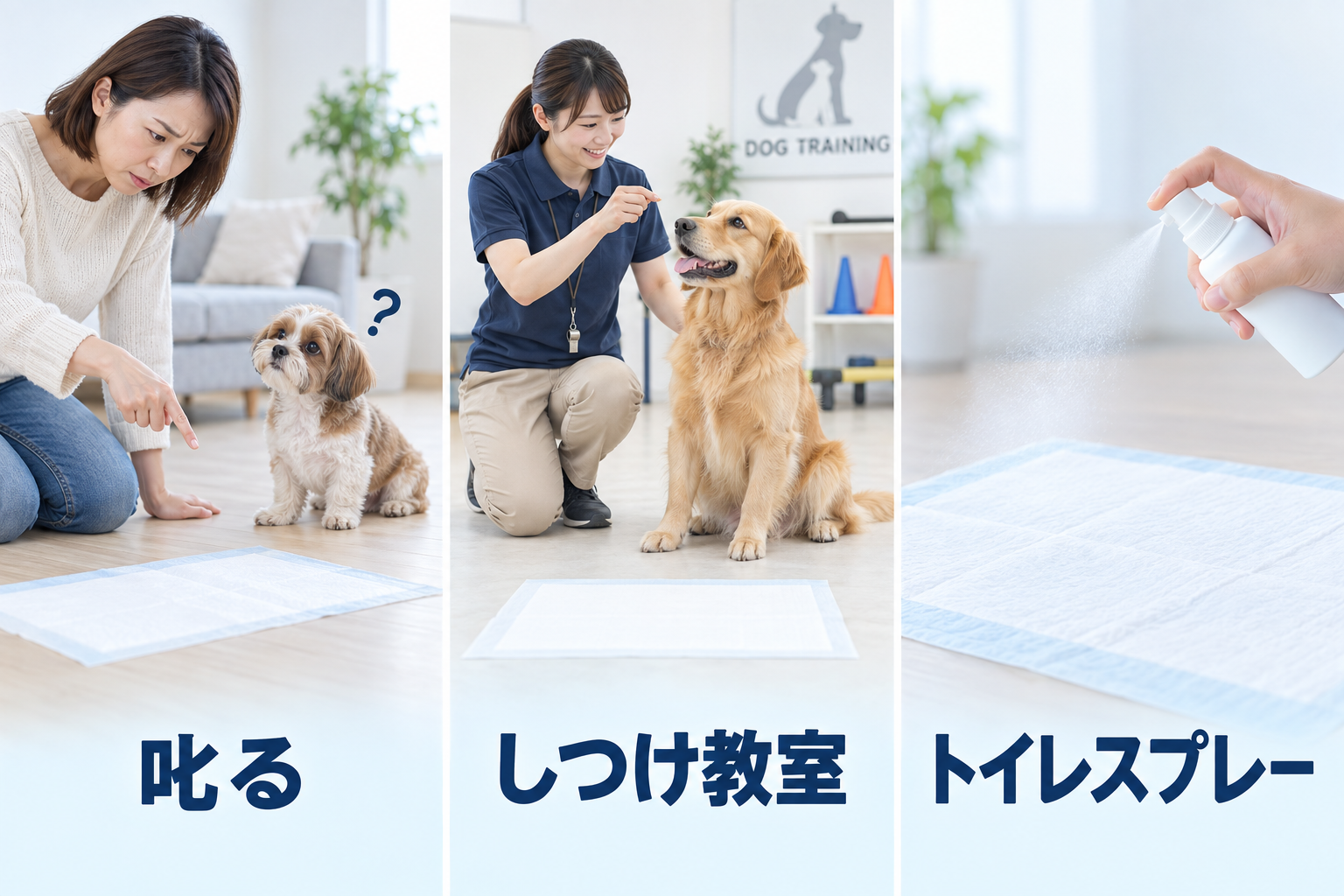 失敗を叱る、しつけ教室で学ぶ、トイレスプレーを使う。飼い主が試す三つの方法。