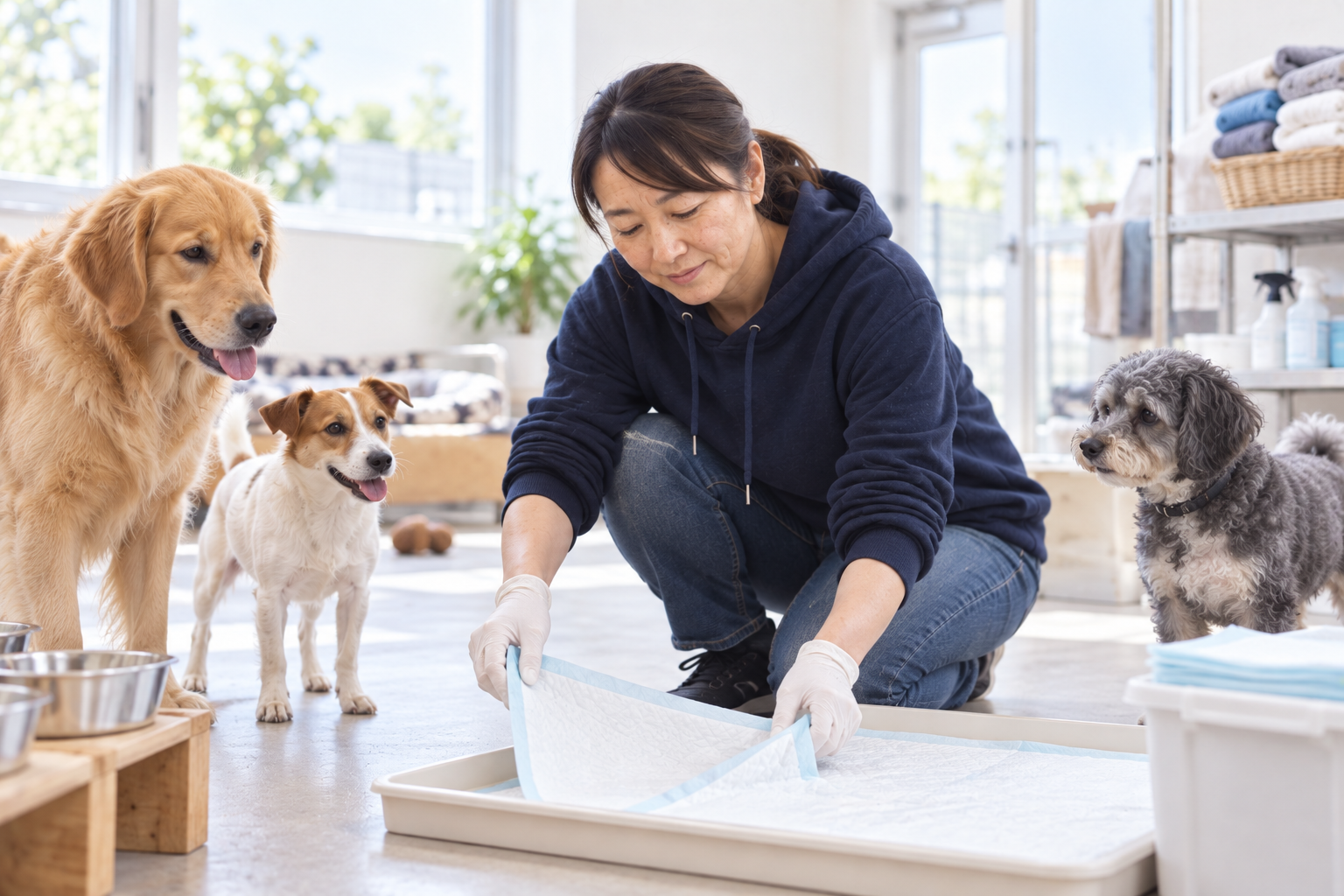 保護施設で、食事や掃除など多くの犬の世話をする岸本早苗とスタッフ。