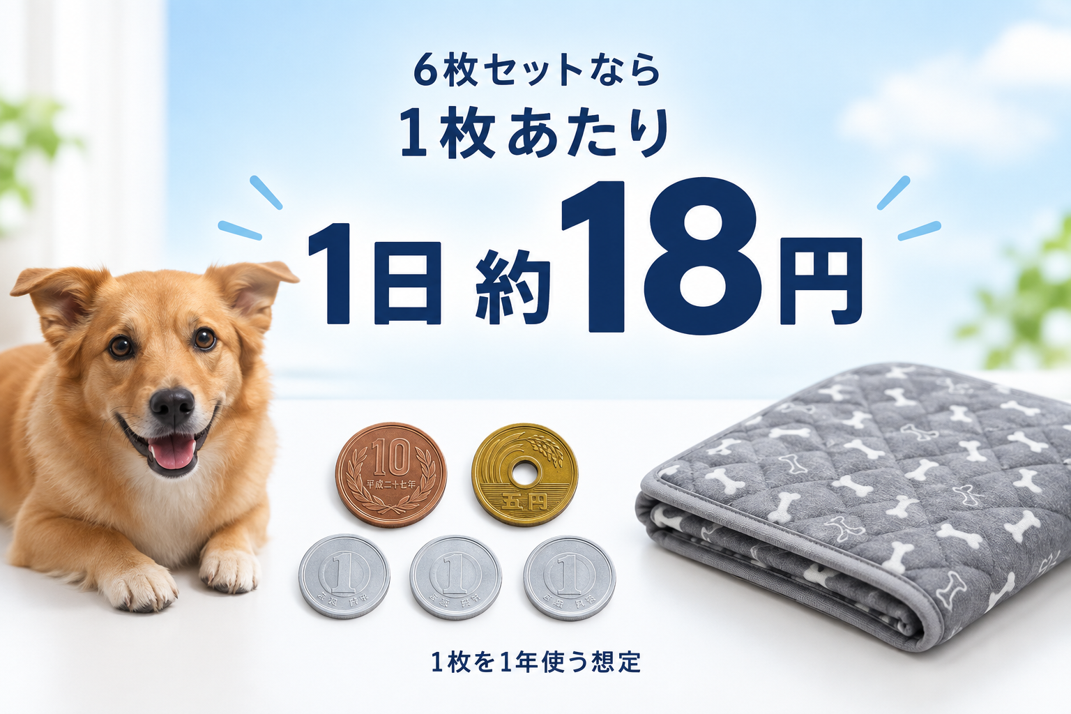 6枚セットなら、1枚あたり1日約18円。1枚を1年間使う想定。10円1枚、5円1枚、1円3枚の合計18円。