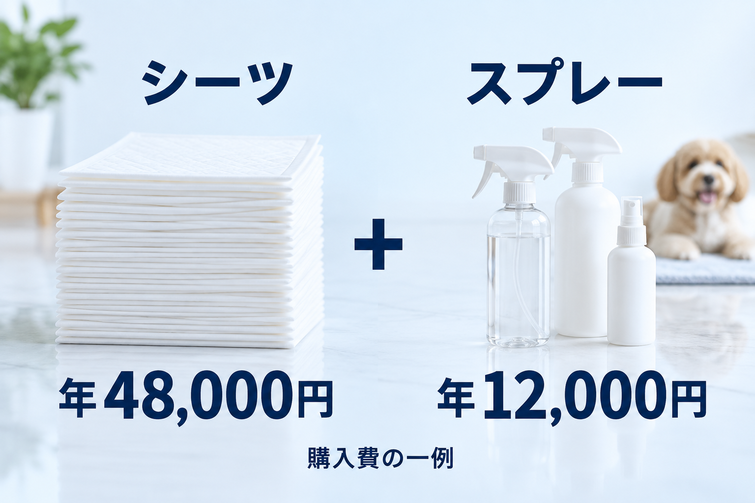 購入費の一例。使い捨てシーツは年間48,000円、スプレーは年間12,000円。