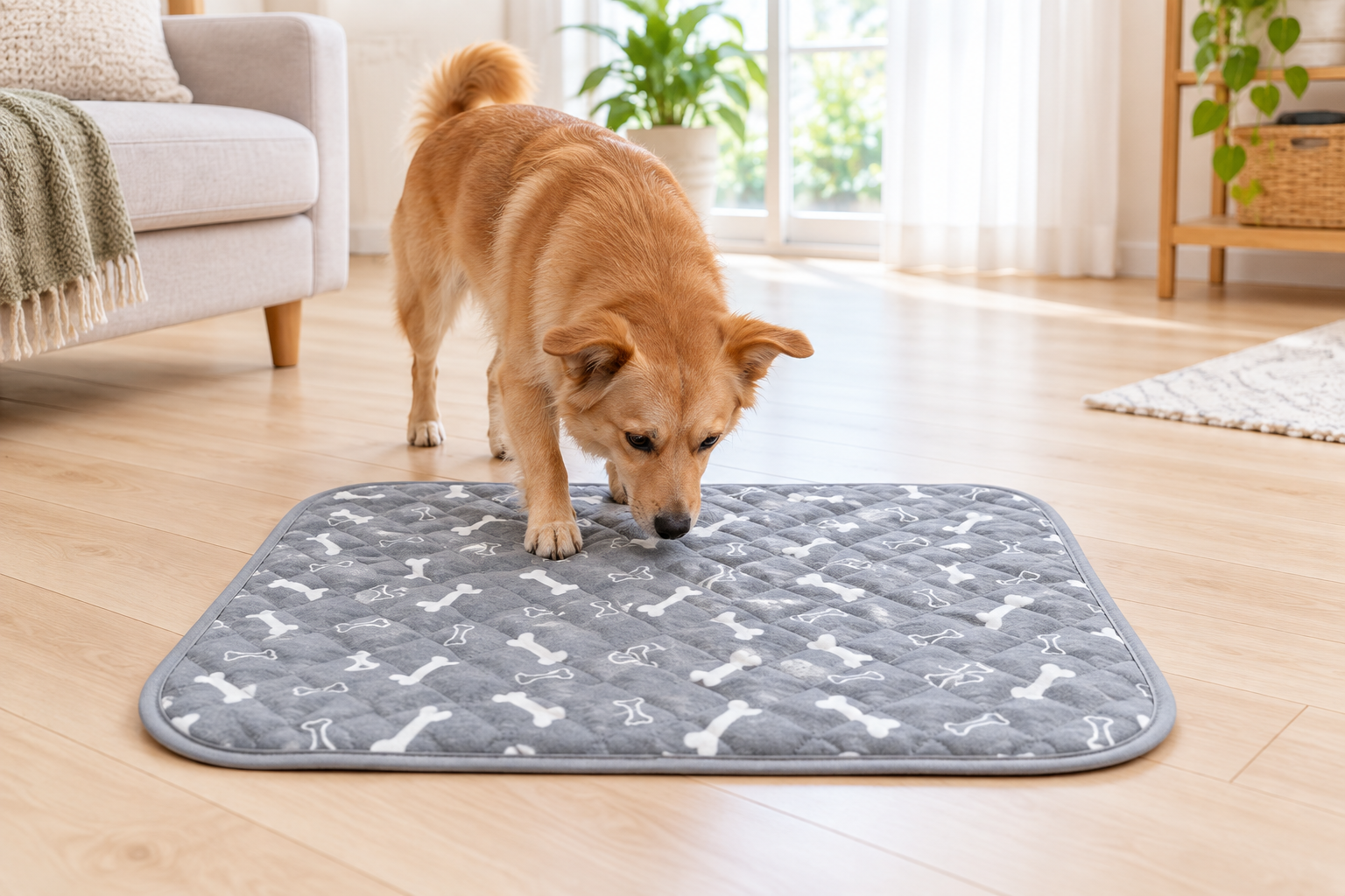 明るい部屋で、グレーの骨柄ワンドライに近づく犬。