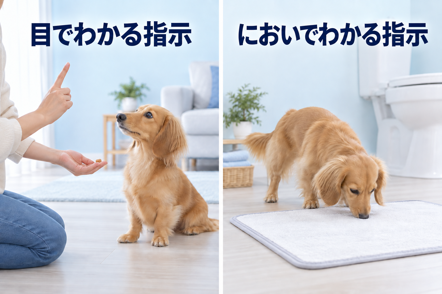 目でわかる指示と、においでわかる指示。飼い主の手を見る犬と、パッドのにおいをかぐ犬。