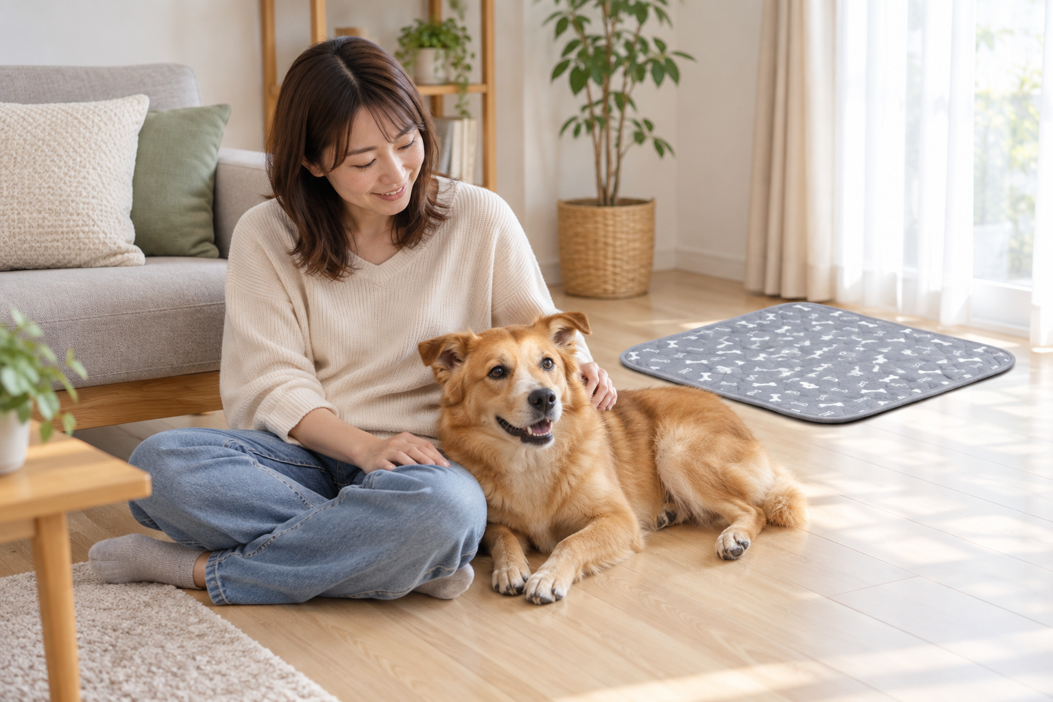 明るい自宅で、飼い主が愛犬に寄り添って穏やかに過ごす。