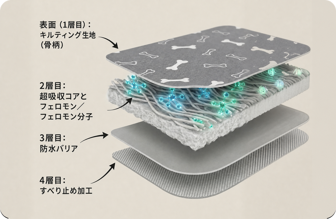 表面、フェロモンを含む吸収コア、防水層、すべり止めの4層を示す既存図。