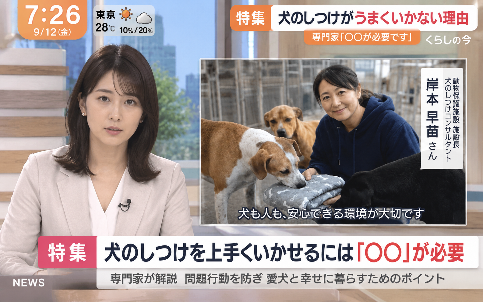 犬のしつけがうまくいかない理由を紹介するテレビ特集風の画像。岸本早苗と保護施設の犬たち。