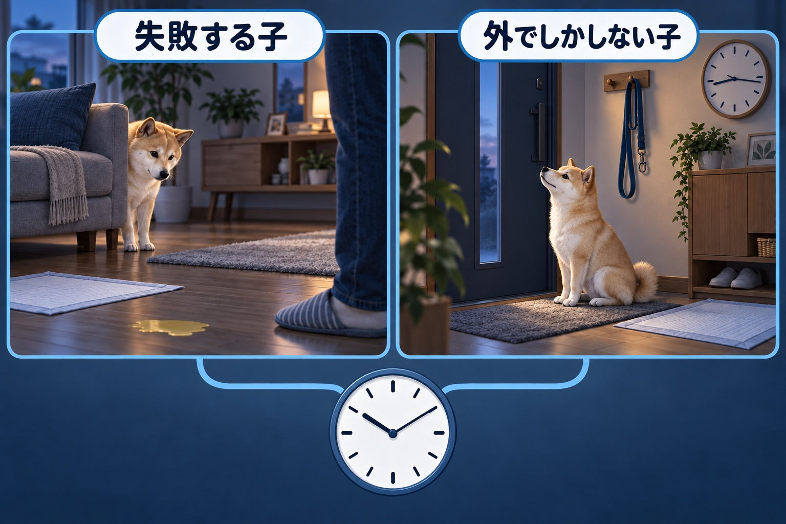 家で失敗する犬と外へ出るのを待つ犬。正反対に見える二つのケース
