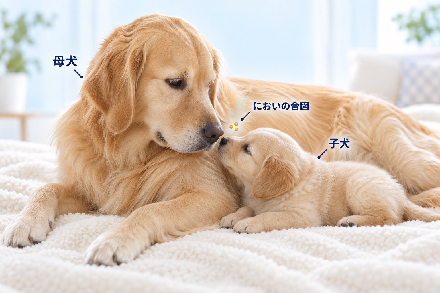 母犬と子犬の、においを通じたやり取り