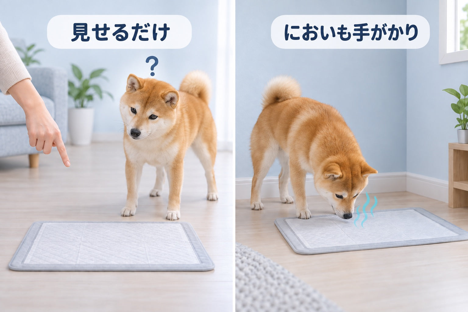 シーツを指さされて戸惑う犬と、なじみの場所のにおいを確かめる犬