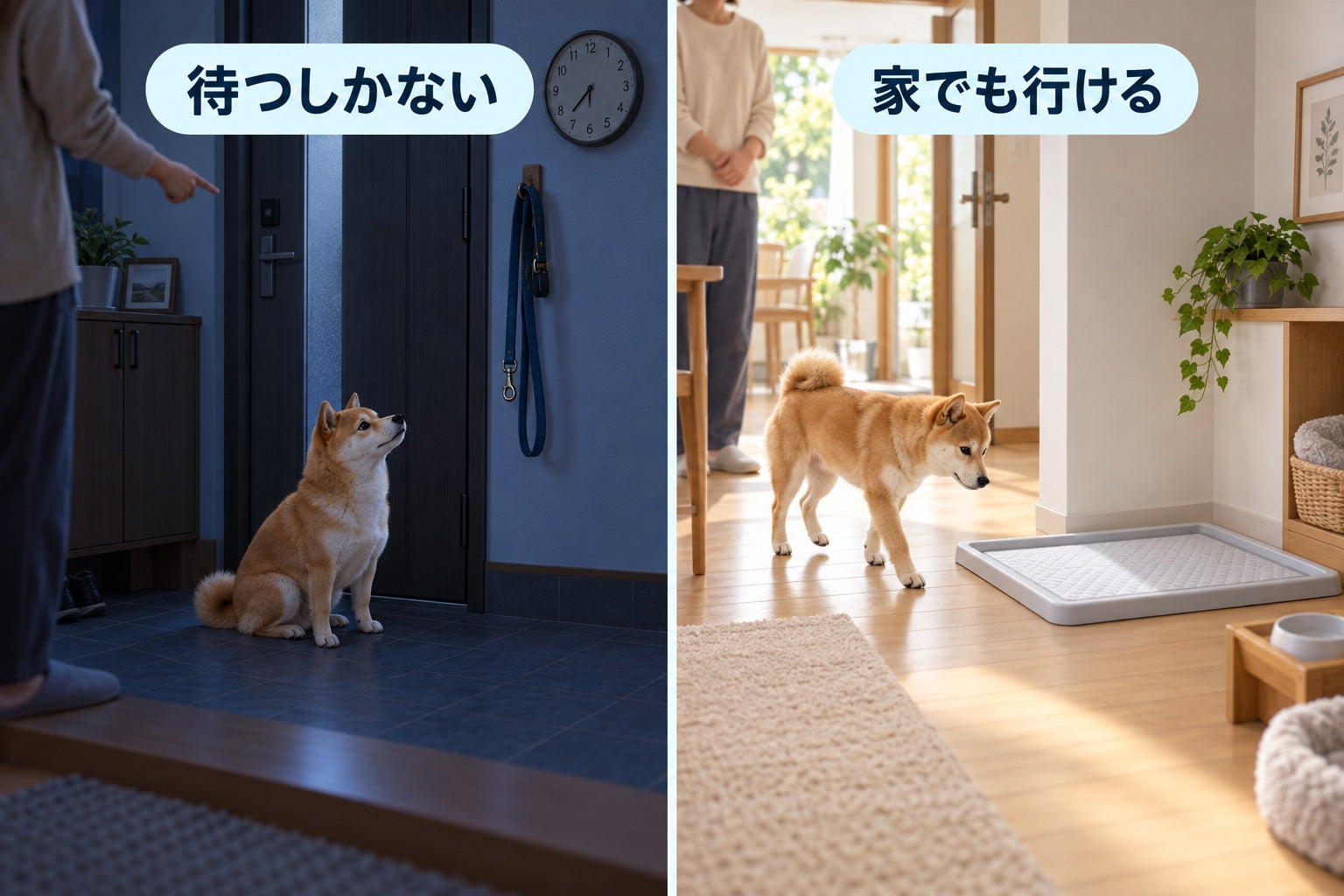外へ出るまで待つしかない犬と、室内のトイレへ自由に行ける犬