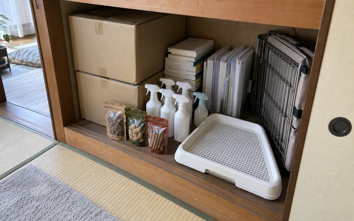 押し入れから出てきた、使いかけのトイレスプレーと未開封のシーツの箱