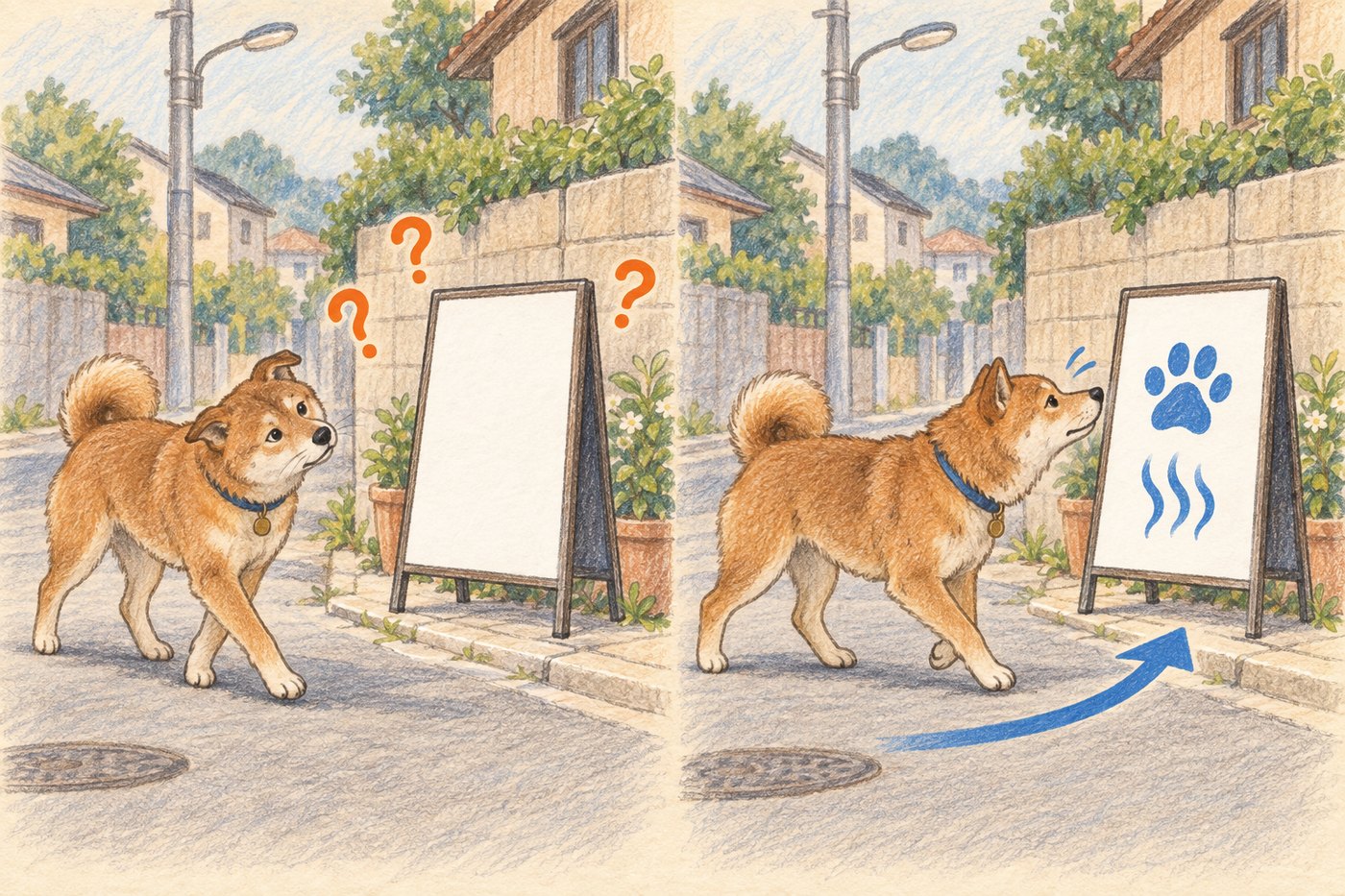 文字のない看板と、においの矢印がある看板