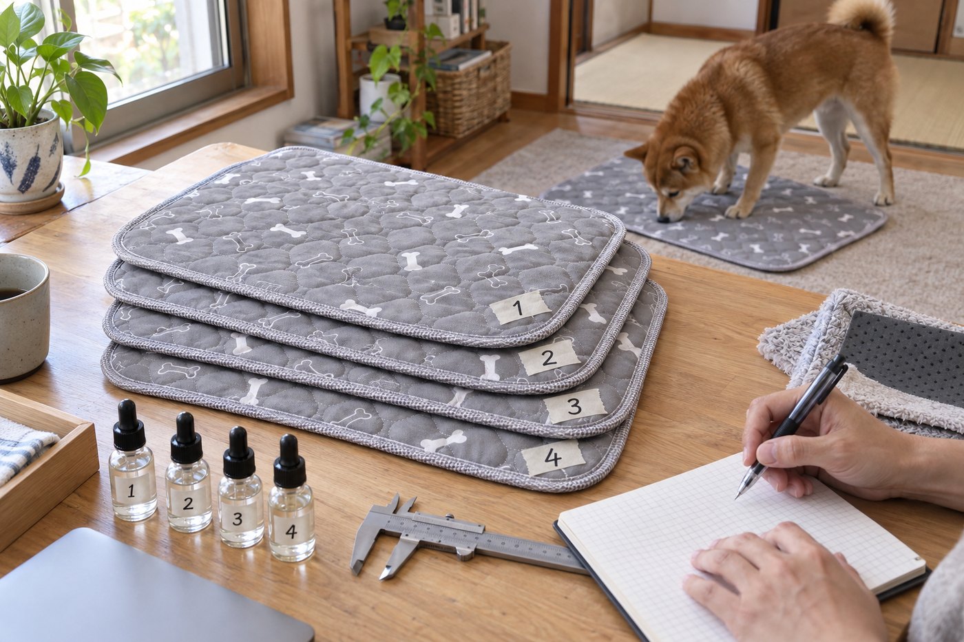 配合量を変えた試作品と、においを嗅ぐ犬