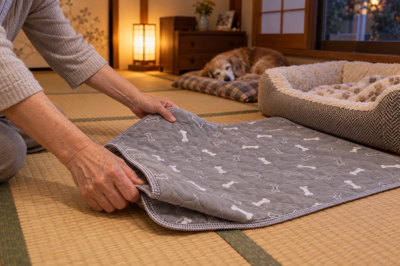 母の部屋にパッドを1枚敷く手元