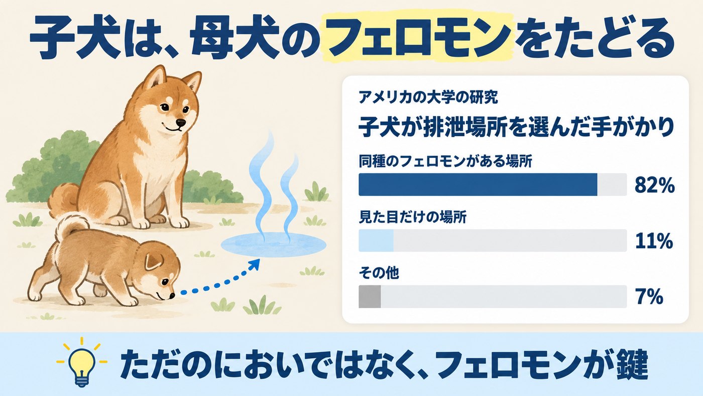 子犬は、母犬のフェロモンをたどって同じ場所を選ぶ