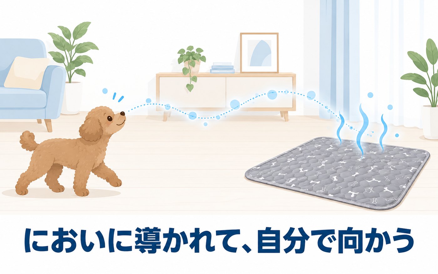 飼い主が背を向けている間に、自分でパッドへ向かう犬