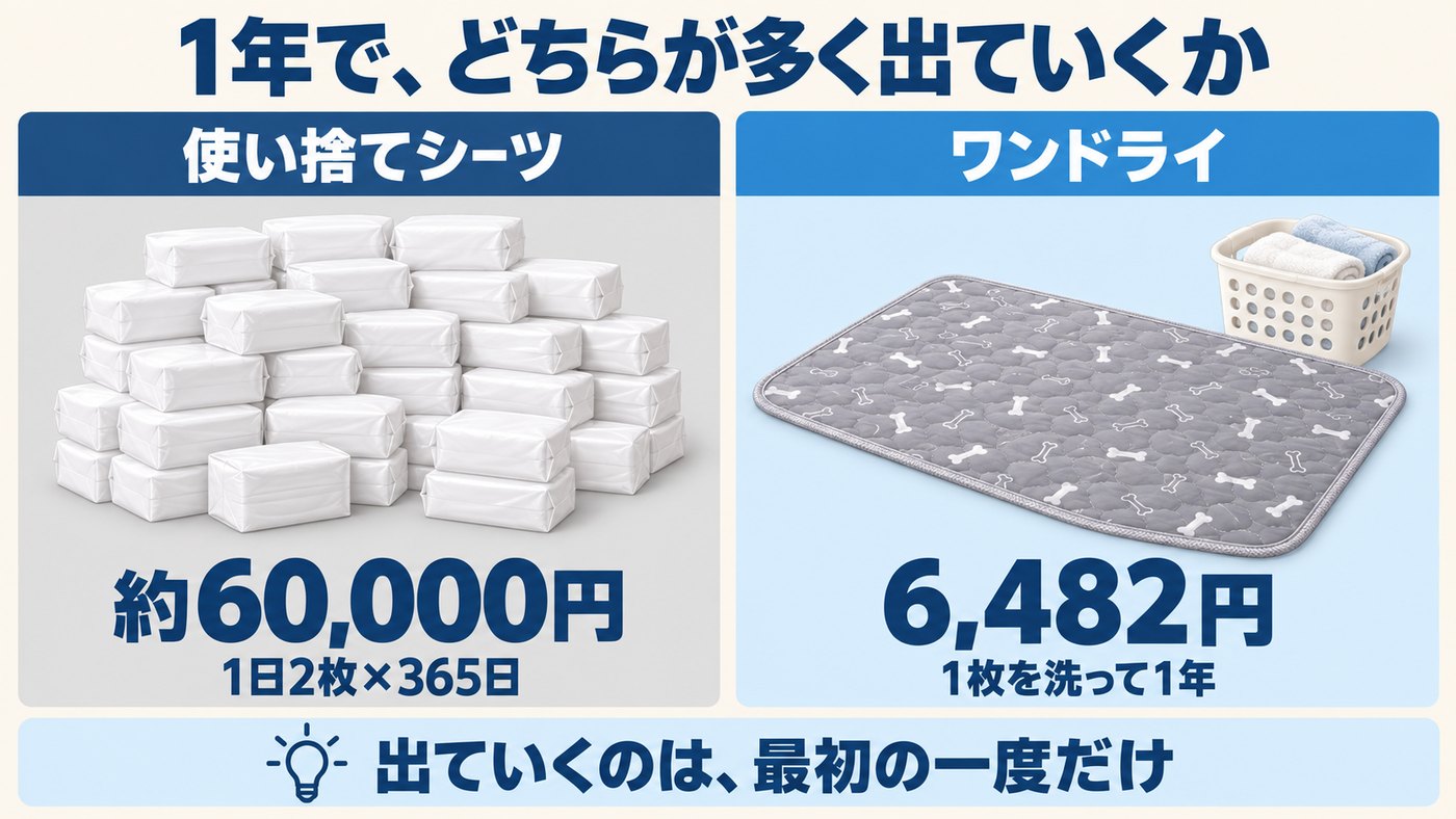 1年の費用比較。使い捨てシーツ約60,000円とワンドライ6,482円