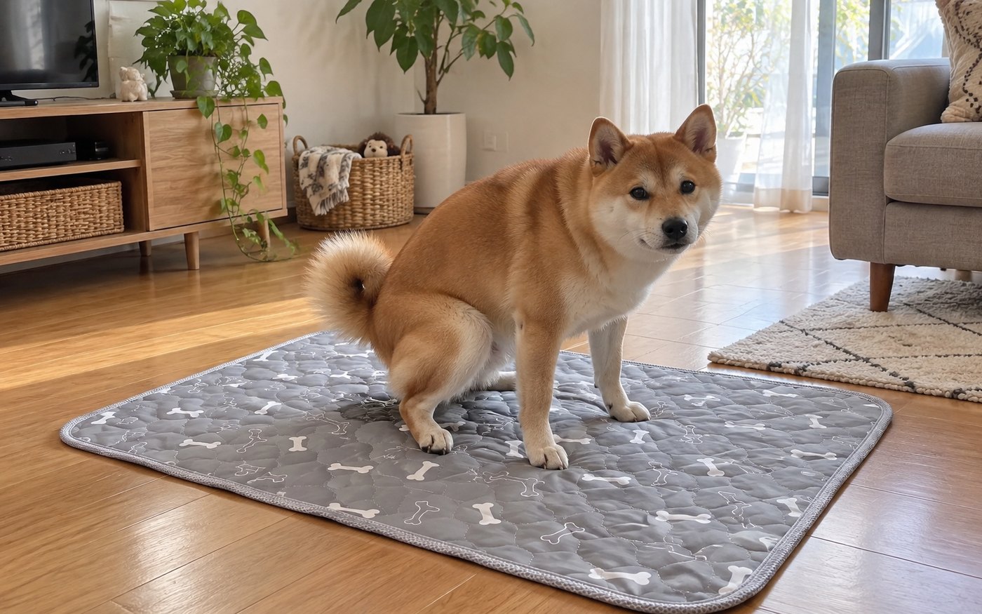 パッドの真ん中でおしっこをする柴犬