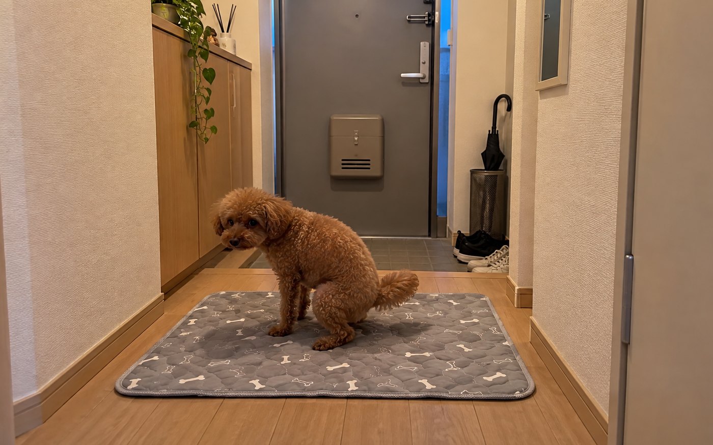 廊下のパッドの上でおしっこをするトイプードル