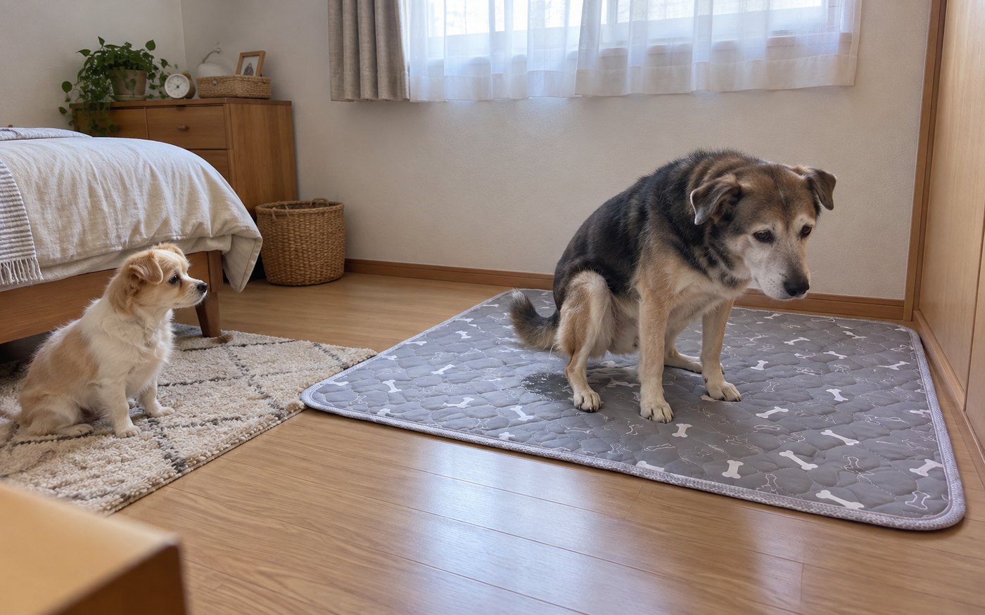 寝室のLサイズのパッドでおしっこをするシニア犬