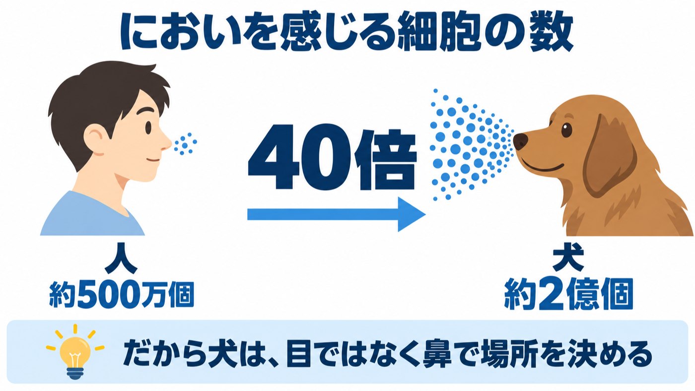 においを感じる細胞の数。人は約500万個、犬は約2億個
