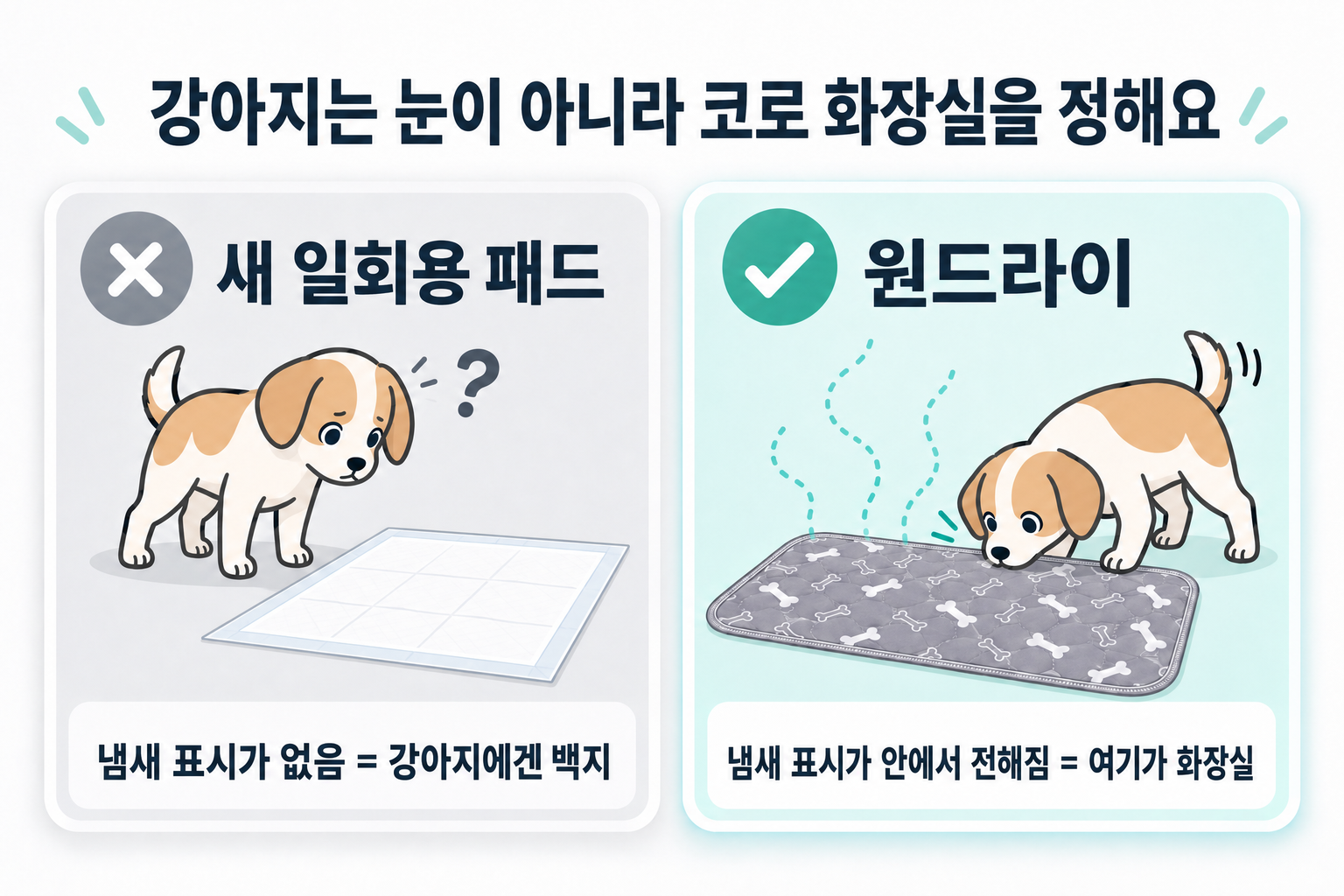 강아지는 눈이 아니라 코로 화장실을 정한다. 새 배변패드는 냄새 표시가 없어 강아지에게는 백지. 원드라이는 냄새 표시가 안쪽에서 전해진다.