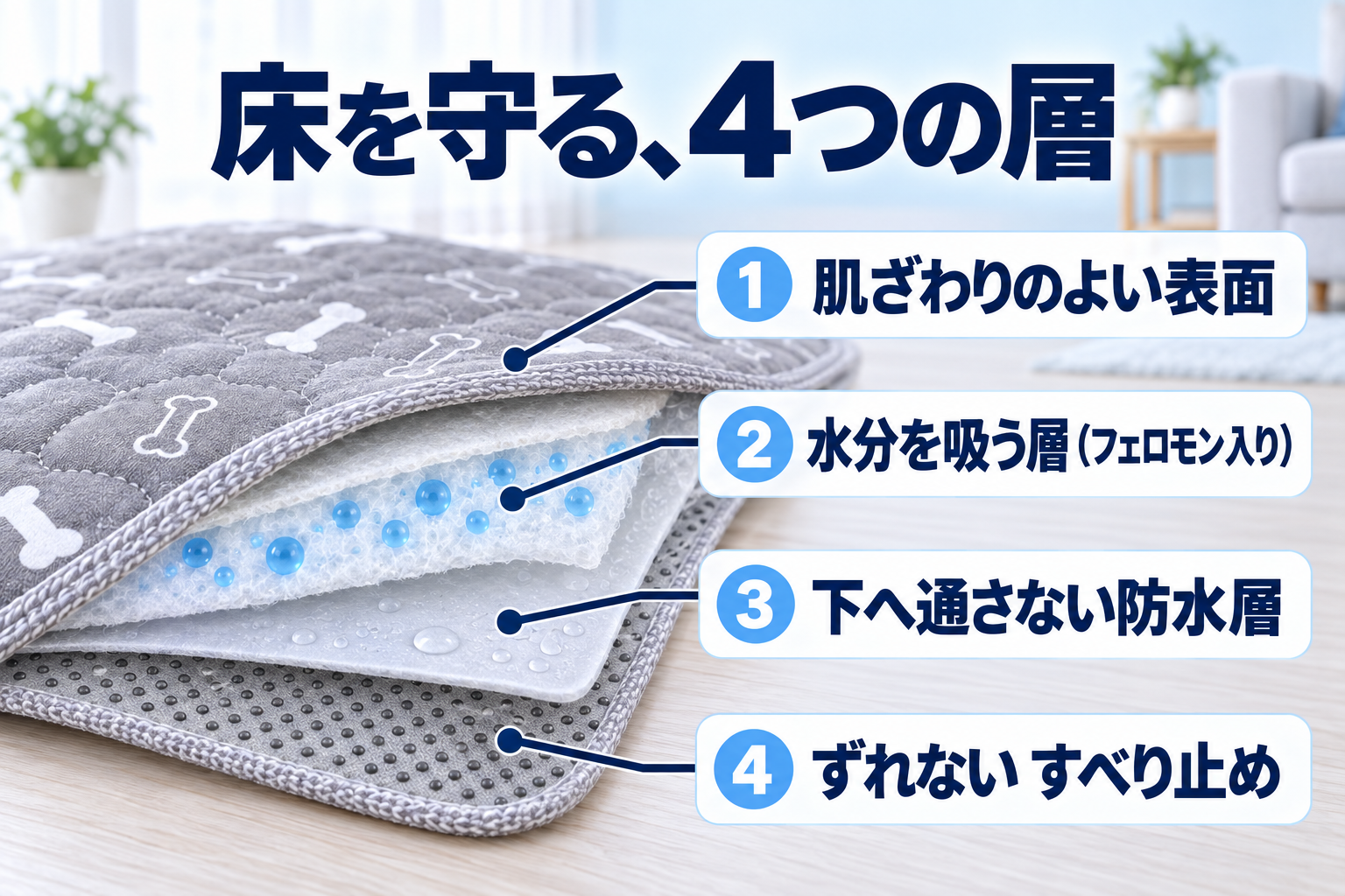 床を守る4つの層。肌ざわりのよい表面、水分を吸う層（フェロモン入り）、下へ通さない防水層、ずれないすべり止め。