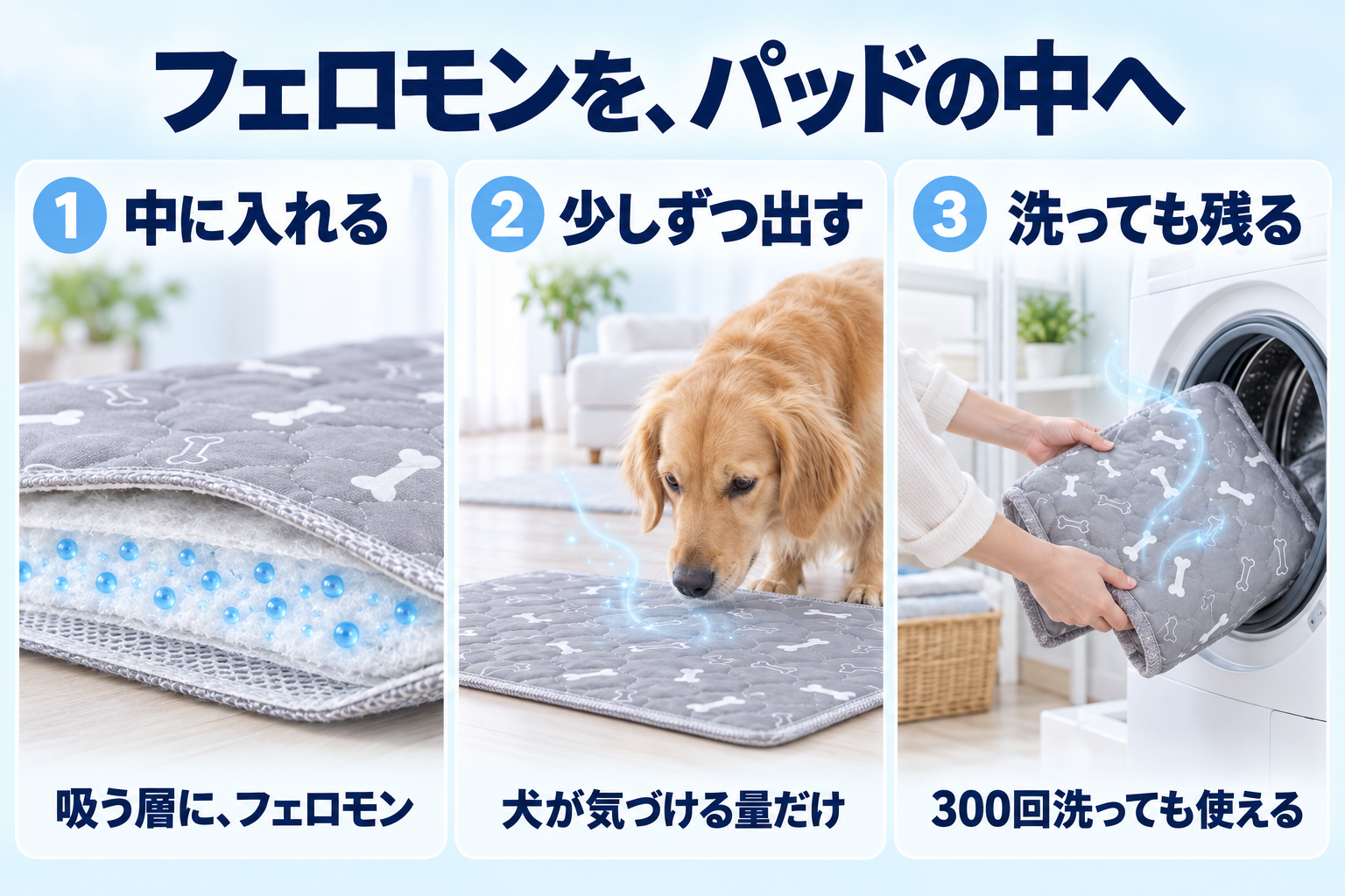 フェロモンをパッドの中へ。中に入れる、少しずつ出す、洗っても残る。