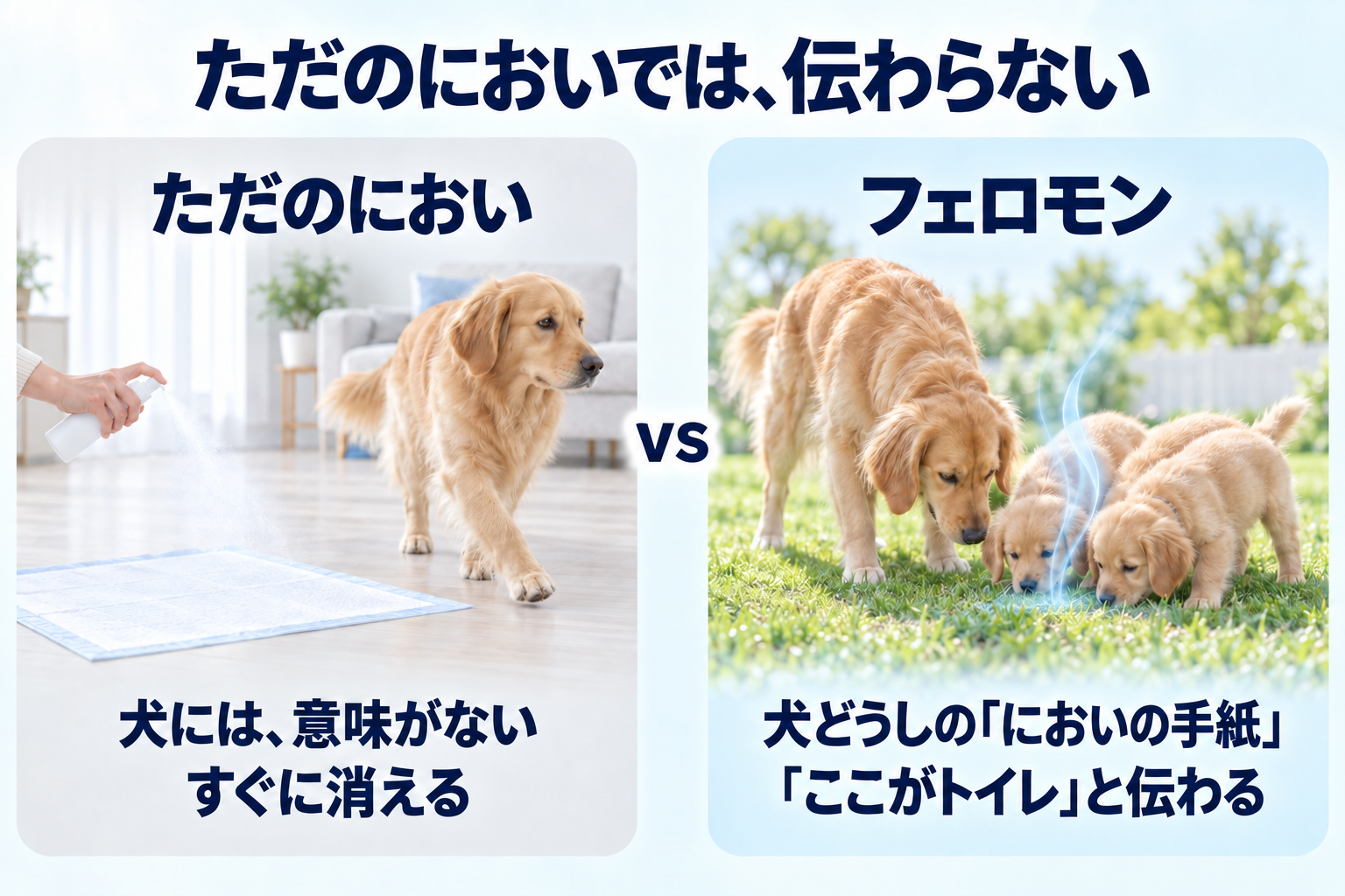 ただのにおいでは伝わらない。ただのにおいは犬には意味がなく、すぐに消える。フェロモンは犬どうしのにおいの手紙で、ここがトイレと伝わる。
