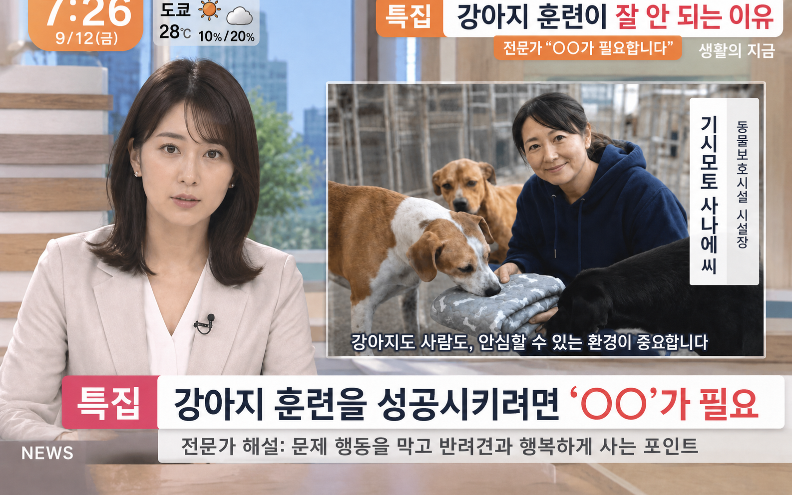 강아지 훈련이 잘 안 되는 이유를 소개하는 일본 TV 특집 화면풍 이미지. 기시모토 사나에 씨와 보호소의 강아지들.