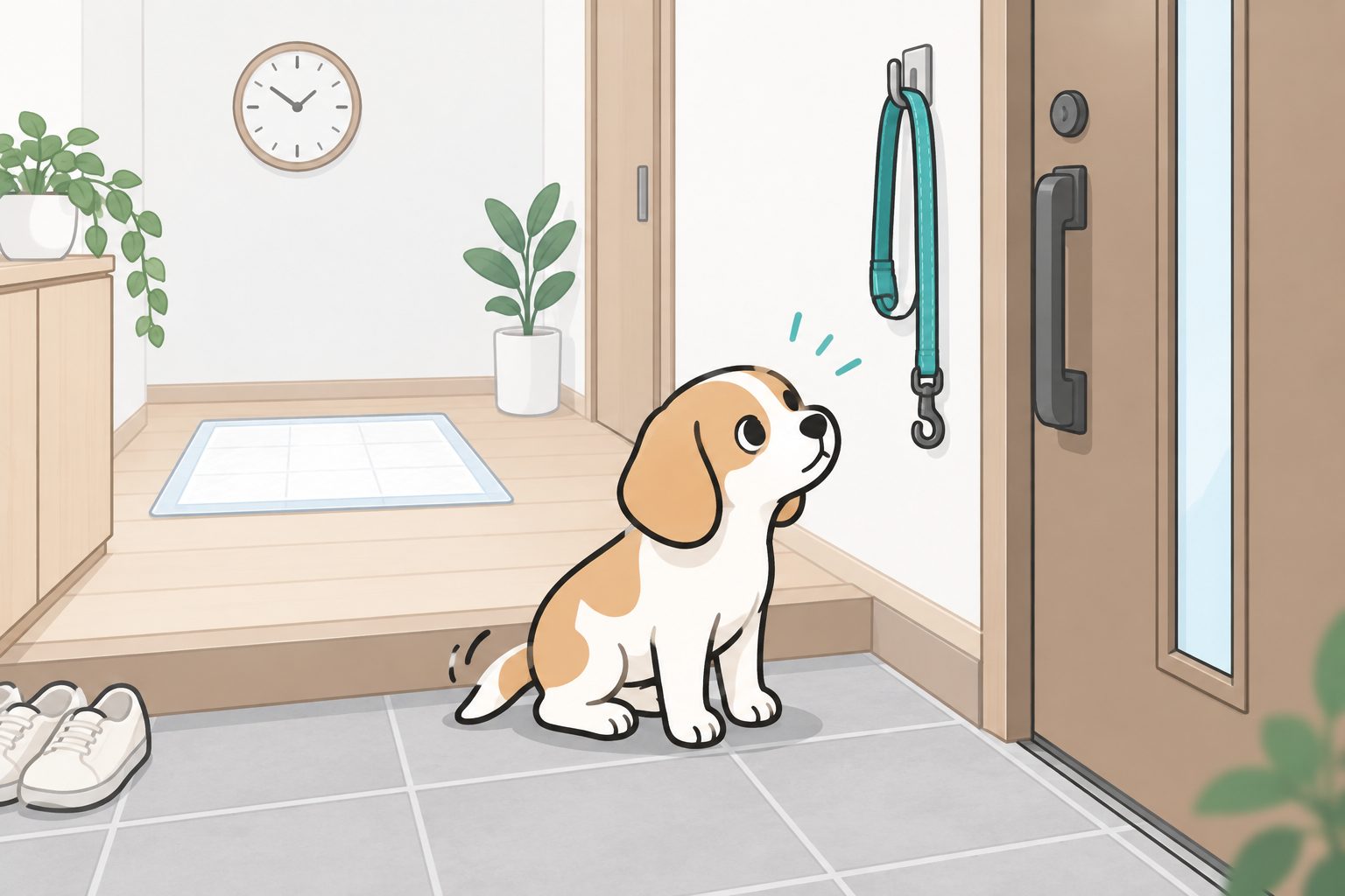 玄関でリードを見上げ、散歩を待つ子犬。部屋の奥には使われていないトイレシーツ。