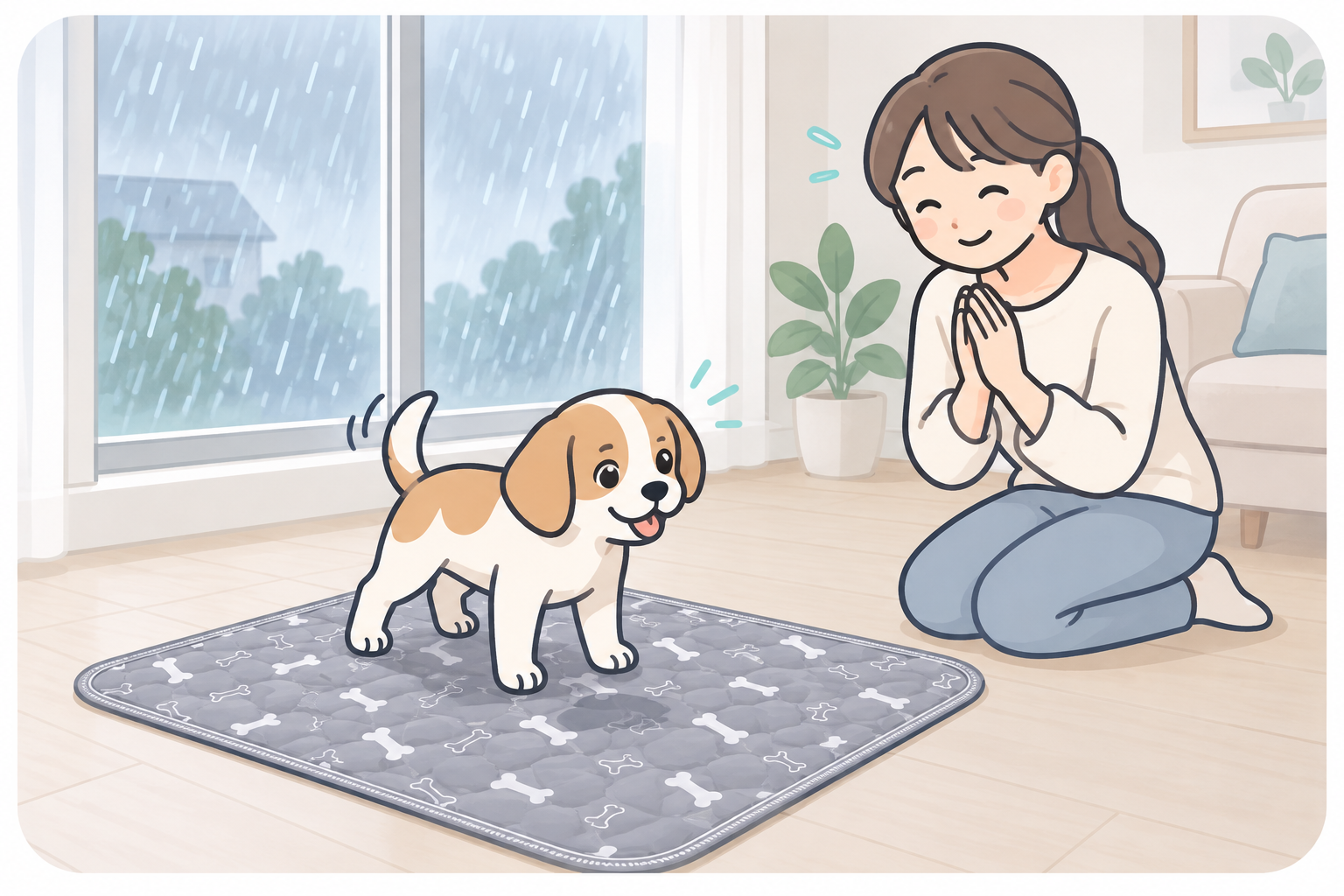 雨の日、部屋の中のワンドライで落ち着いておしっこを済ませる子犬と、ほほえむ飼い主。