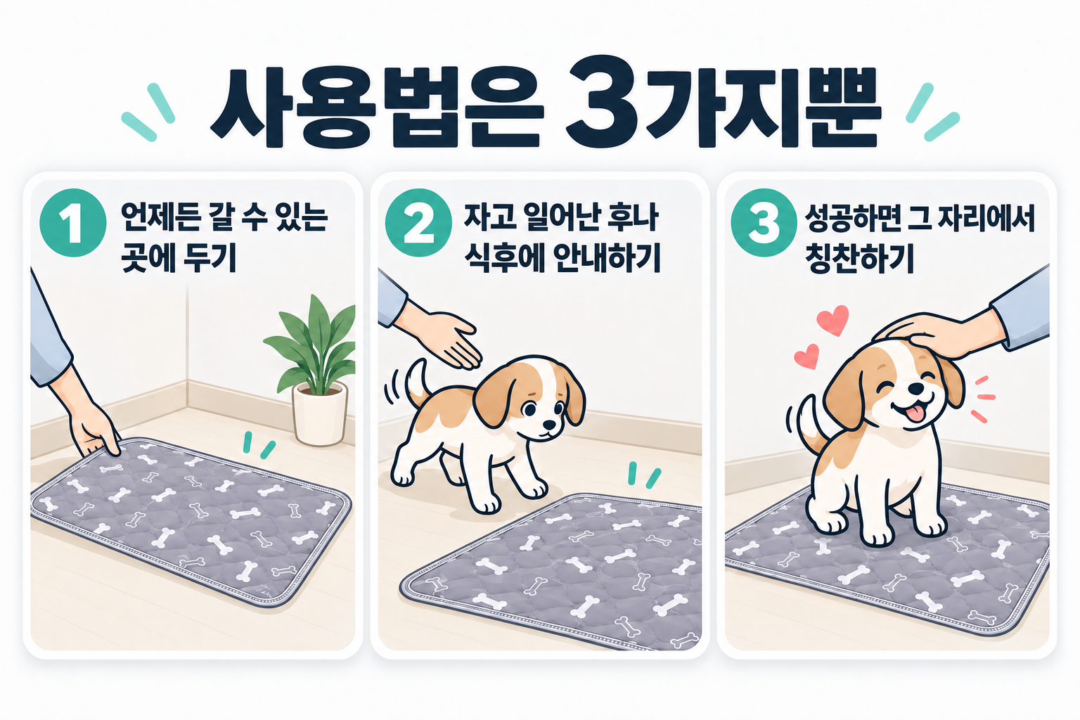 사용법은 딱 3가지. 언제든 갈 수 있는 곳에 두기, 잠에서 깬 뒤나 식사 후에 데려가기, 성공하면 그 자리에서 칭찬하기.