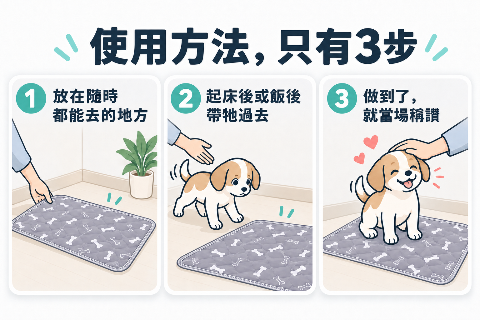 使用方法只有3個。放在隨時都能去的地方、睡醒後或飯後帶牠過去、成功了就當場稱讚。