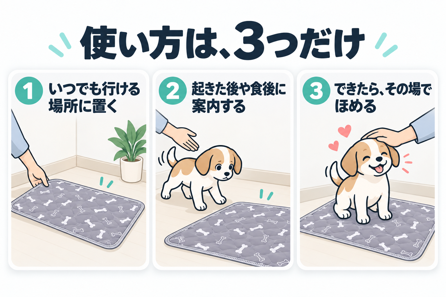 使い方は3つだけ。いつでも行ける場所に置く、起きた後や食後に案内する、できたらその場でほめる。